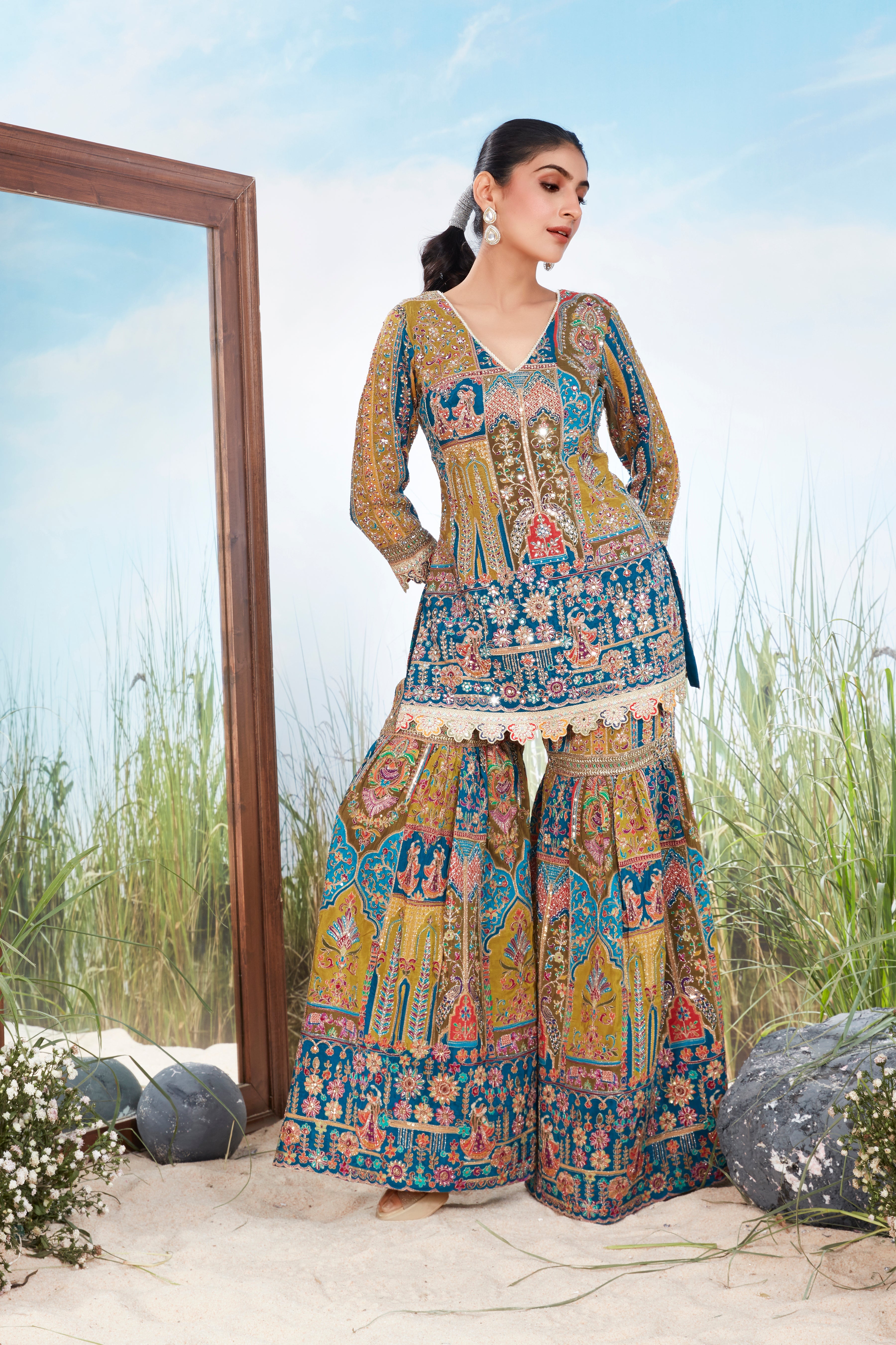 Multi-Color Embellished Raw Silk Sharara Set