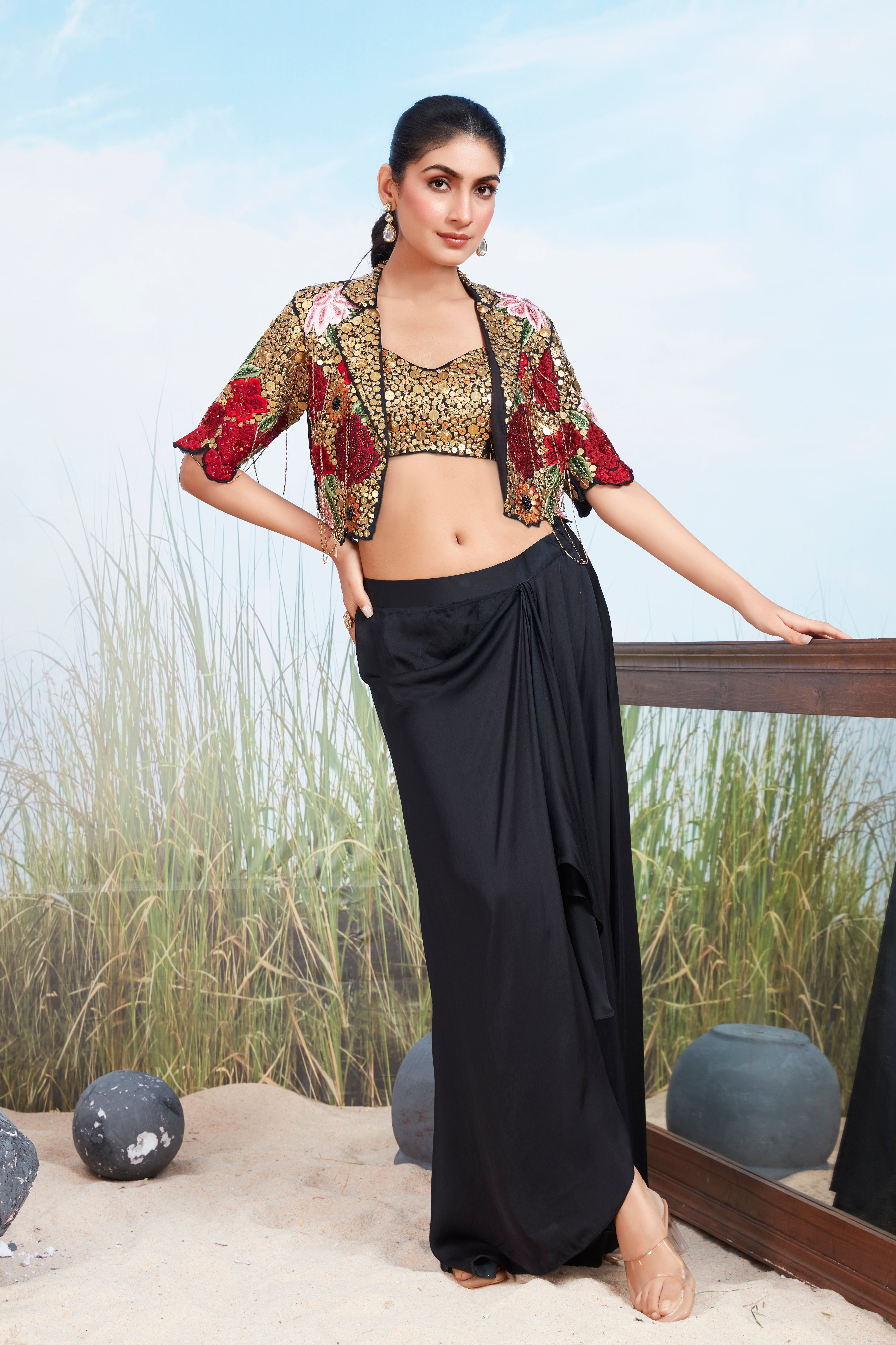 Black Embellished Satin Silk Skirt Set