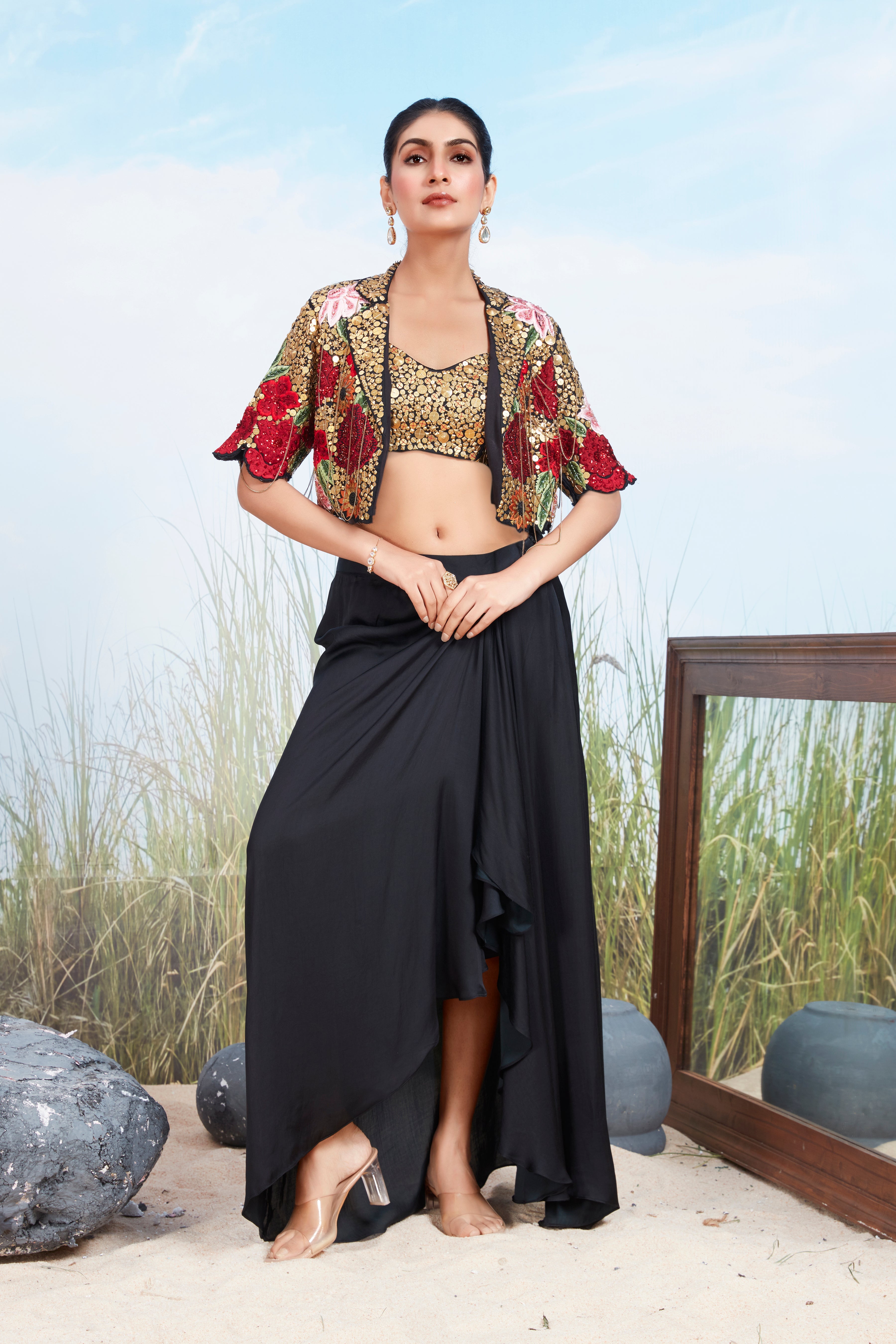 Black Embellished Satin Silk Skirt Set