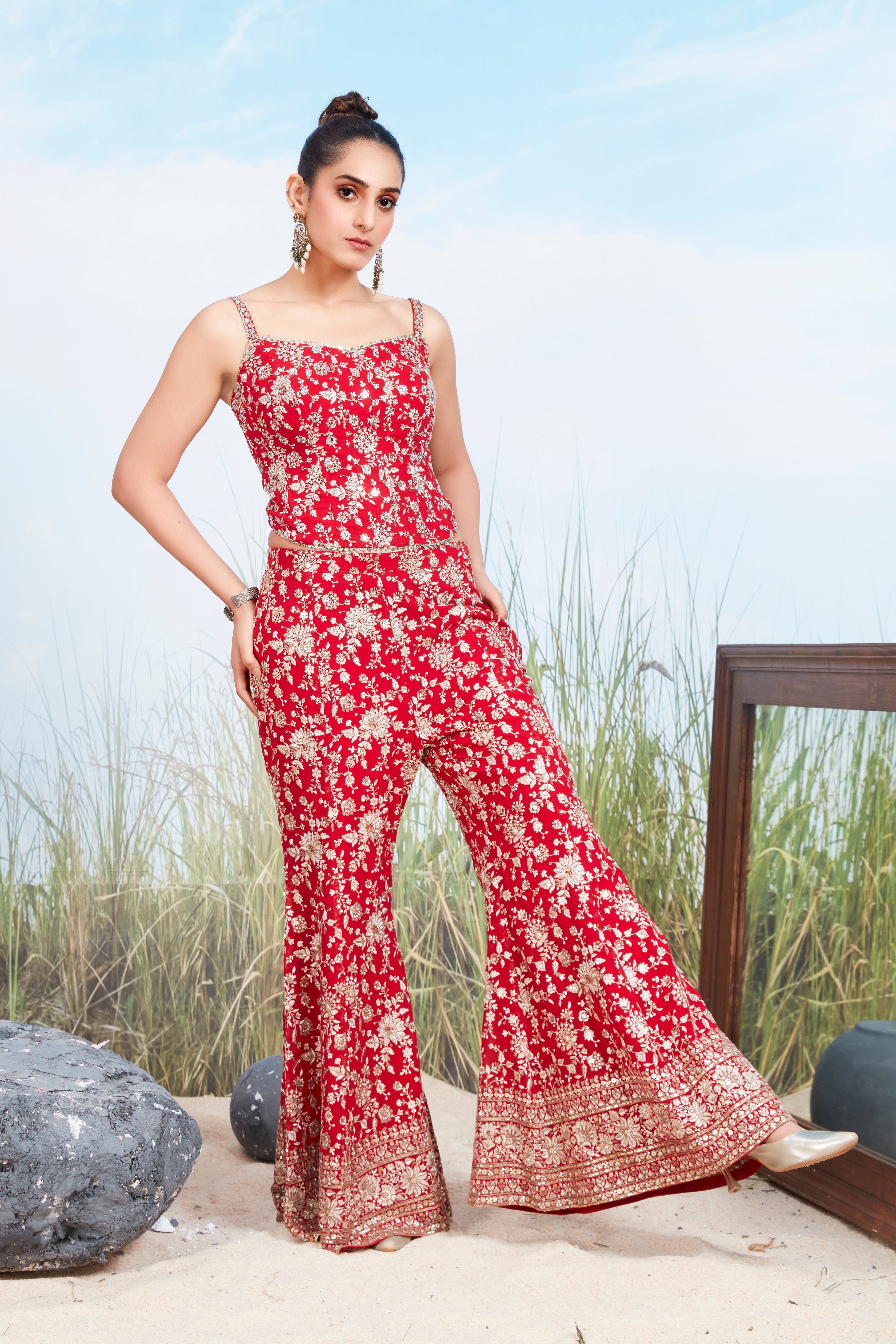 Vivid Red Embellished Georgette Silk Co-Ord Set