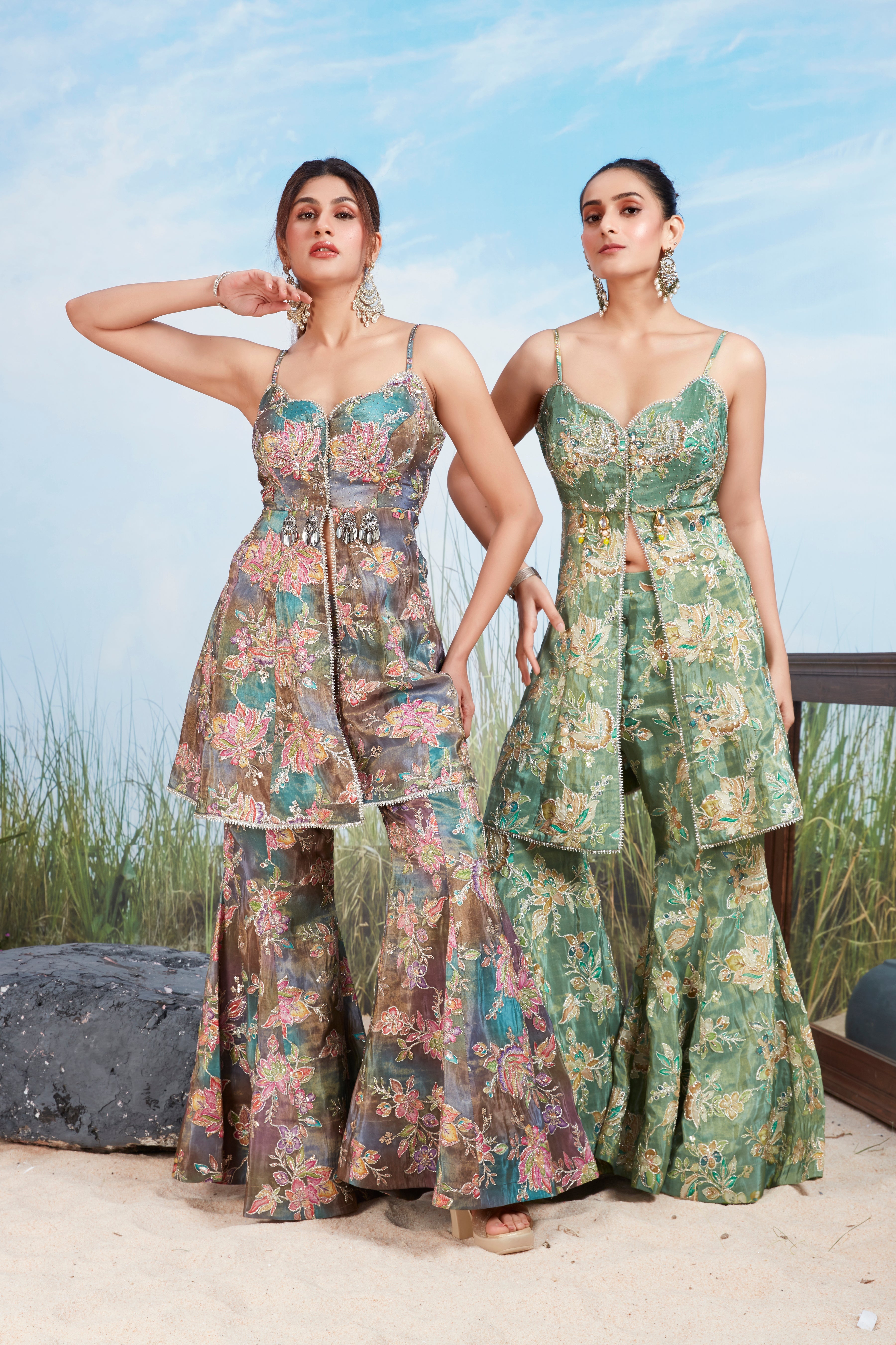 Multi-Color Embellished Shimmer Tissue Silk Palazzo Set