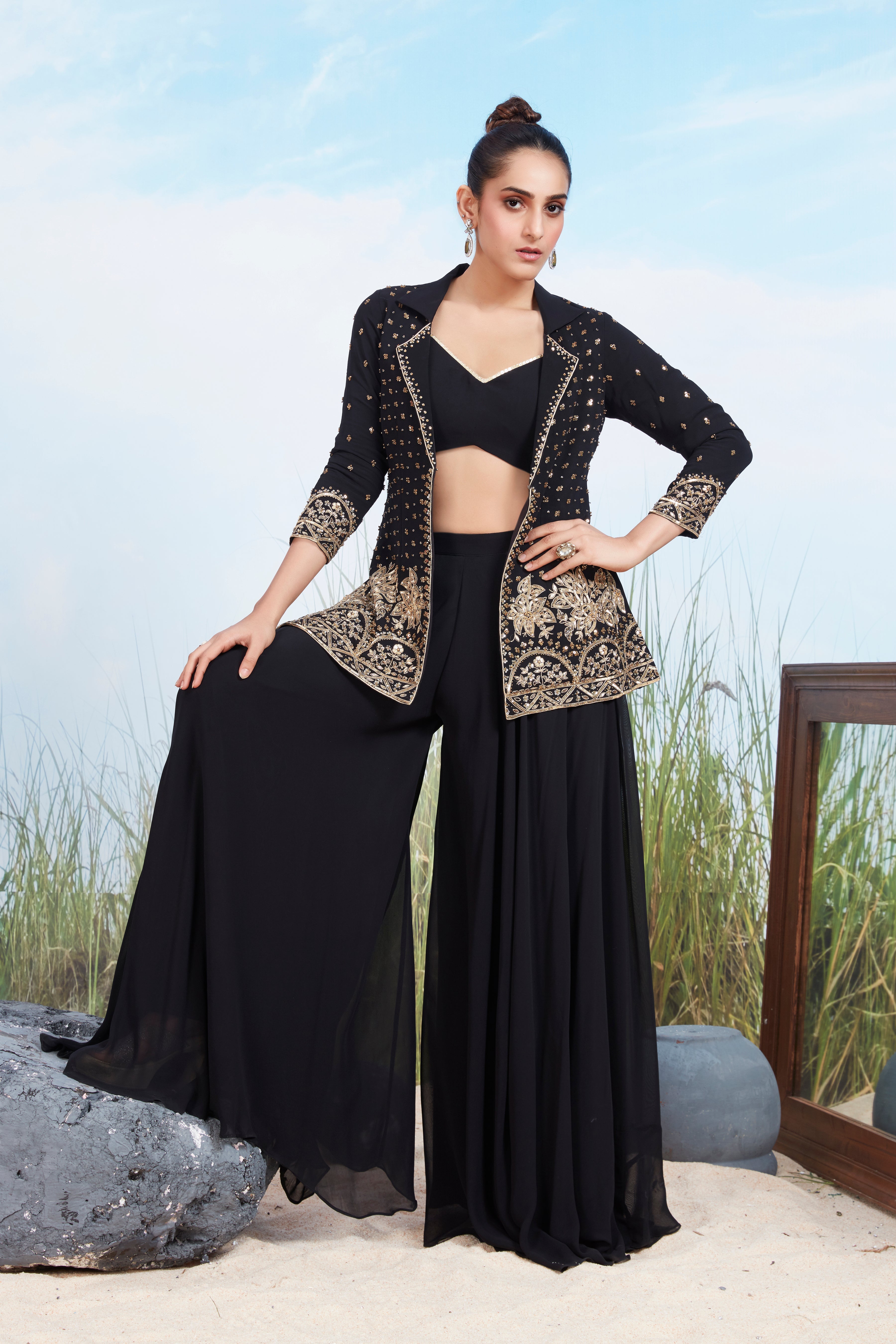Chic Black Embellished Georgette Silk Jacket Set