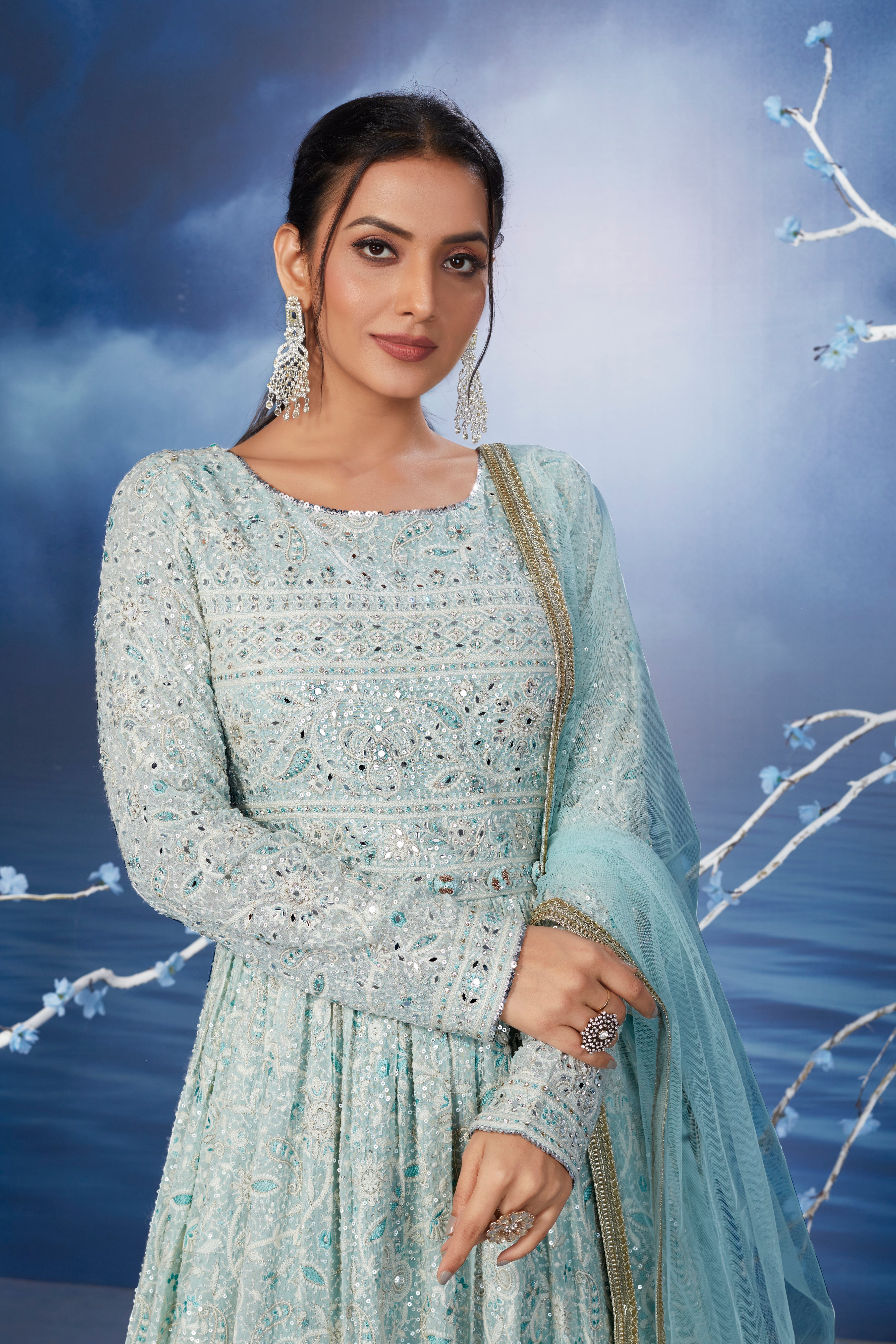 Light Teal Embellished Premium Silk Gown