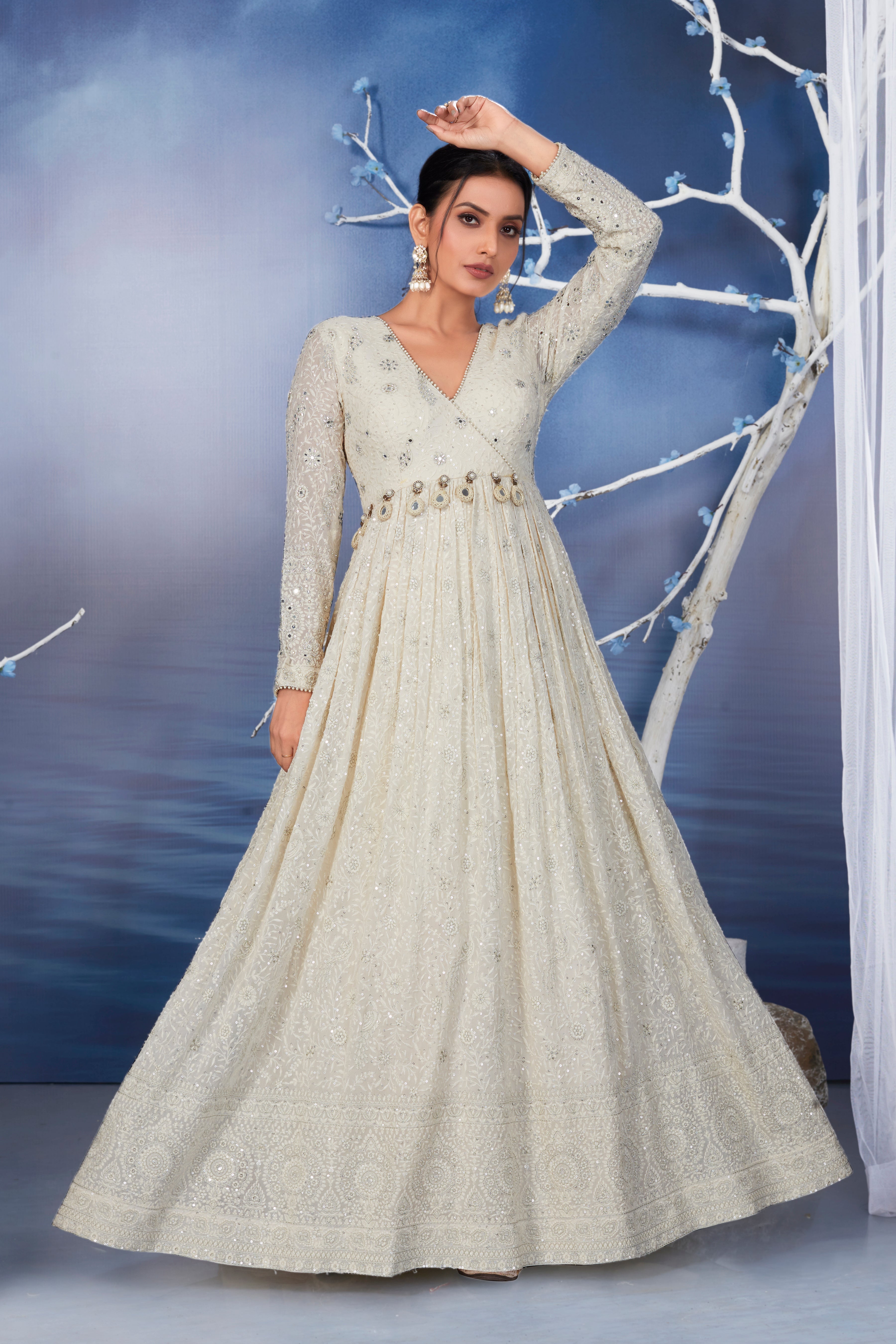 Nude Cream Embellished Premium Silk Gown