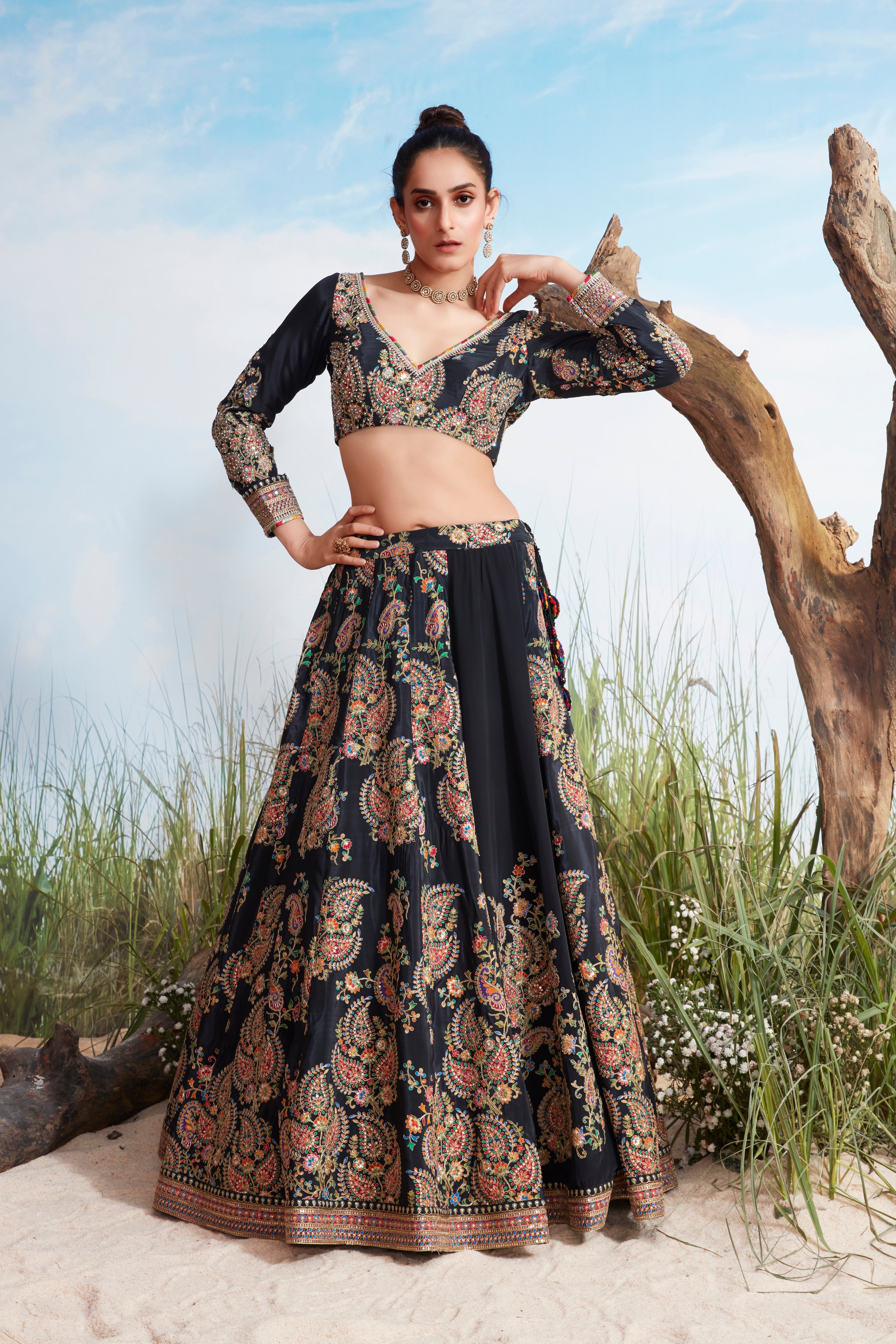 Raven Black Embellished Crepe Silk Lehenga Set