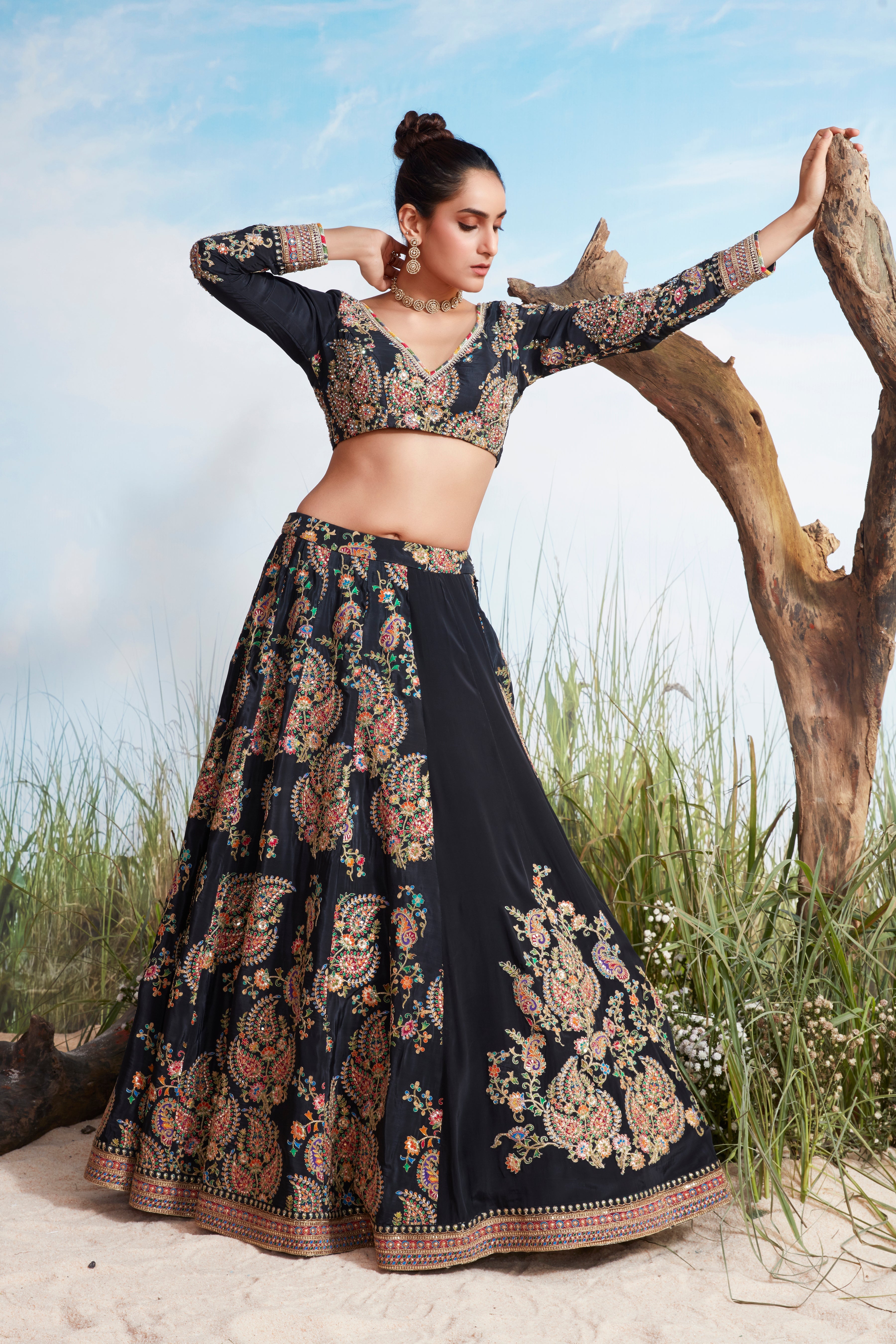 Raven Black Embellished Crepe Silk Lehenga Set