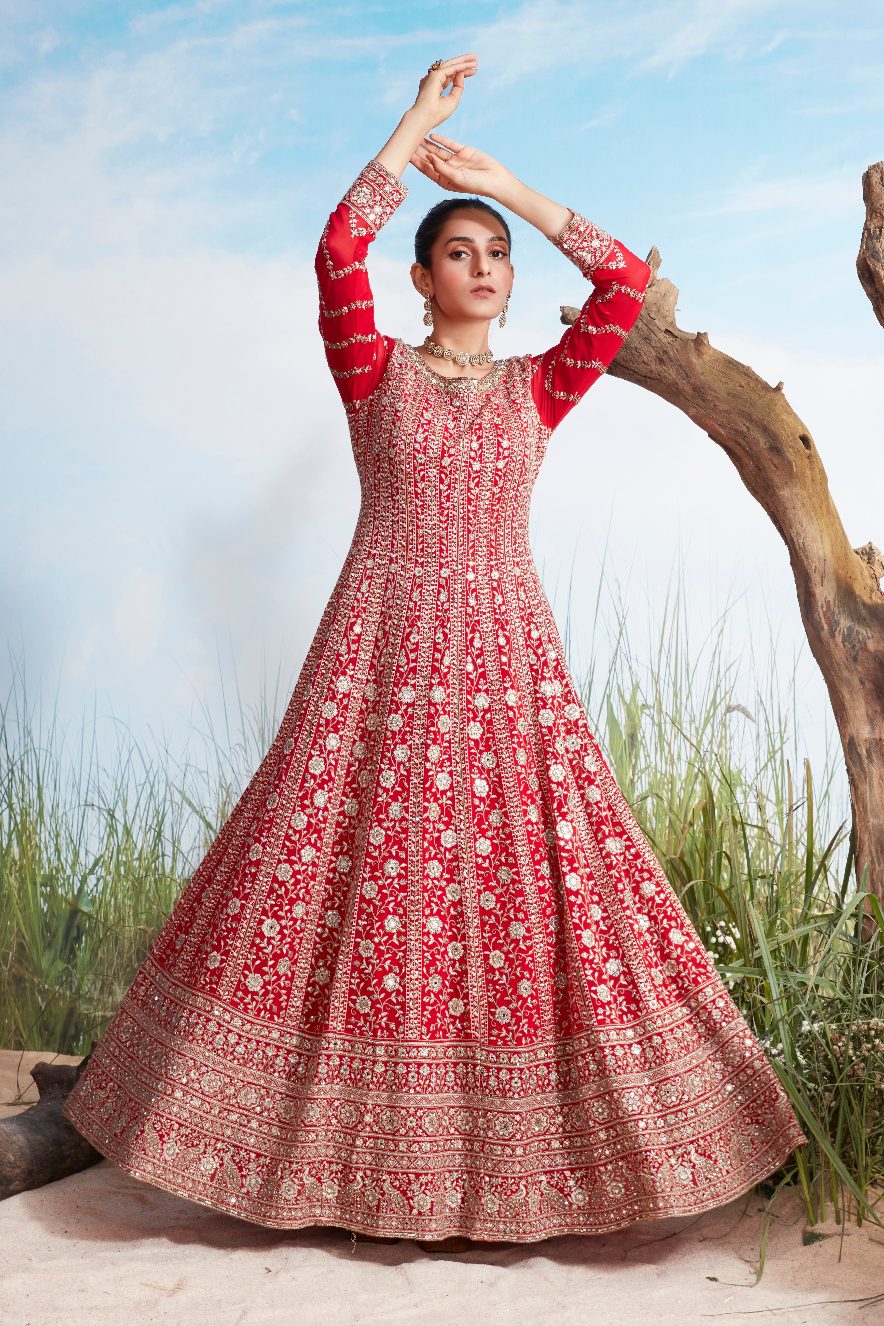 Scarlet Red Embellished Georgette Silk Anarkali Gown