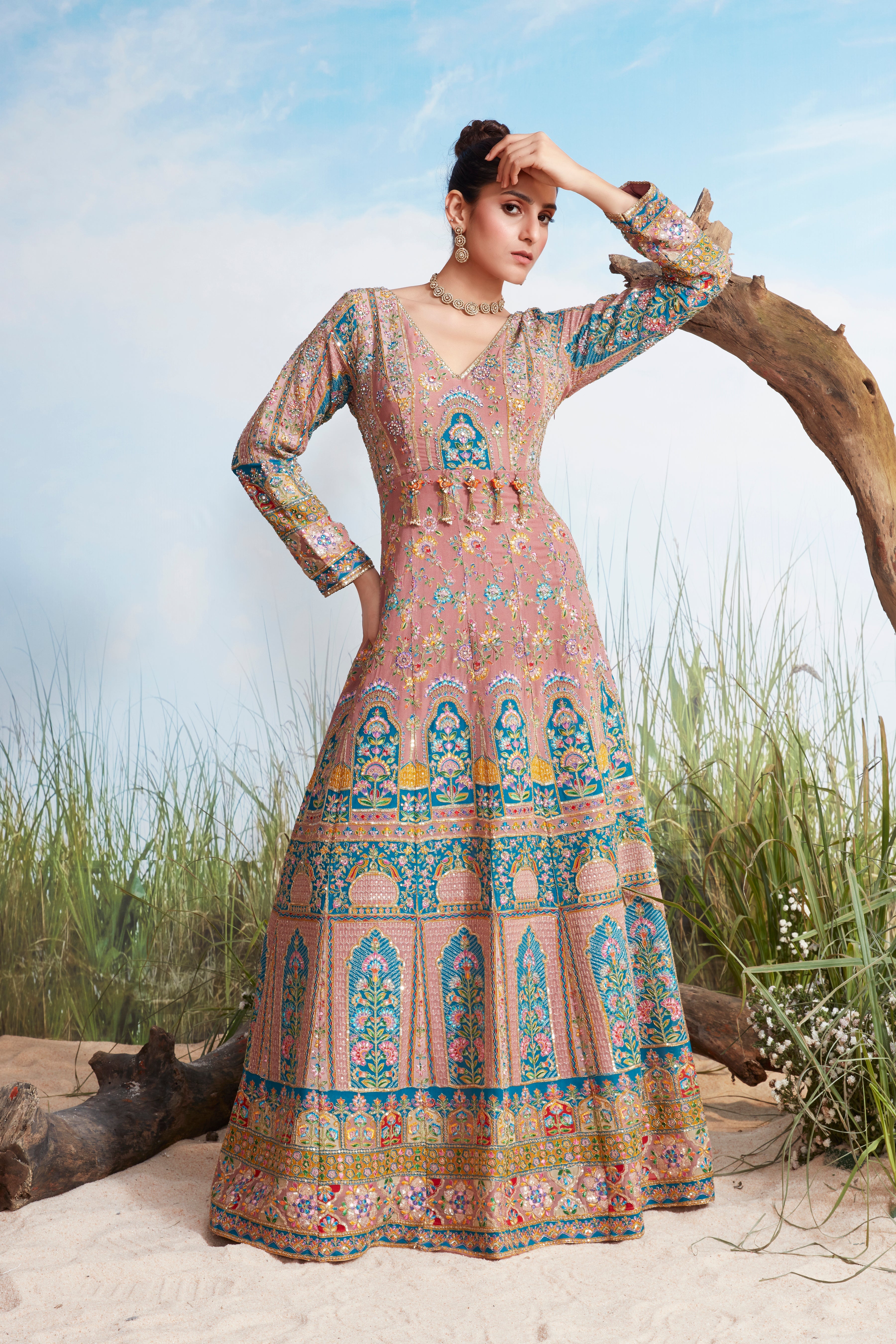 Dusty Rose Embellished Chinon Silk Anarkali Gown