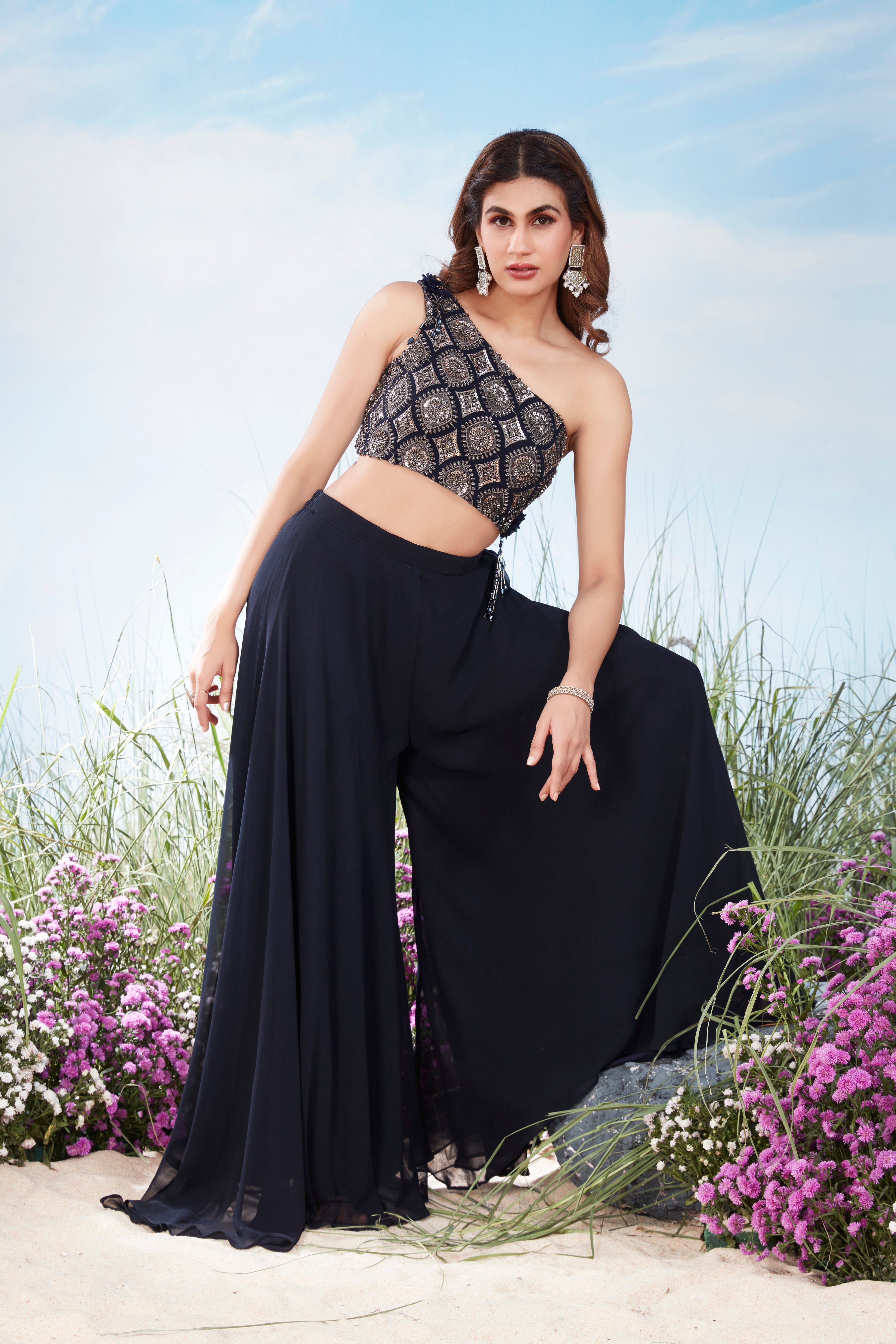 Midnight Blue Embellished Georgette Silk Palazzo Set