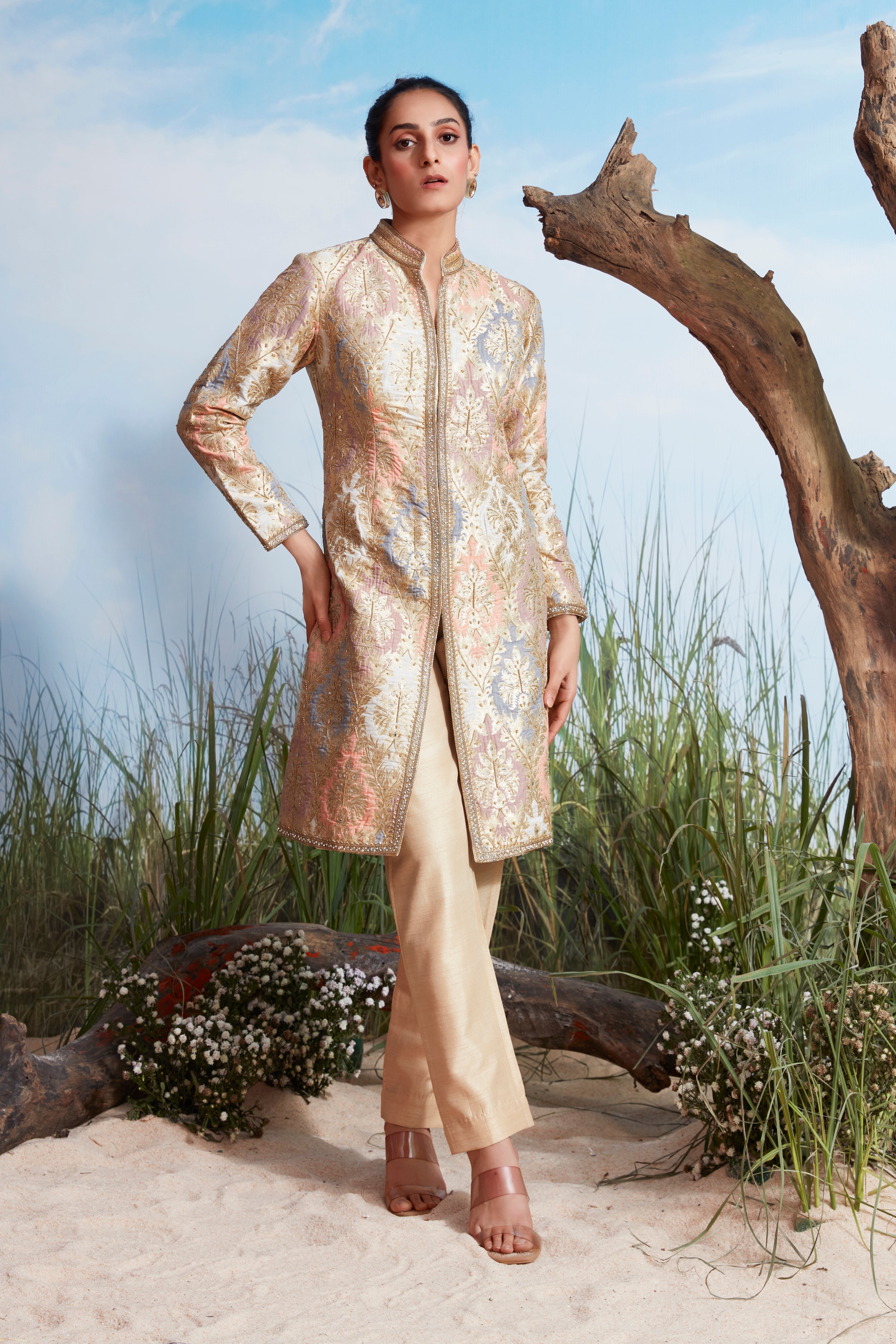 Ivory Gold Embellished Brocade Silk Kurta Set