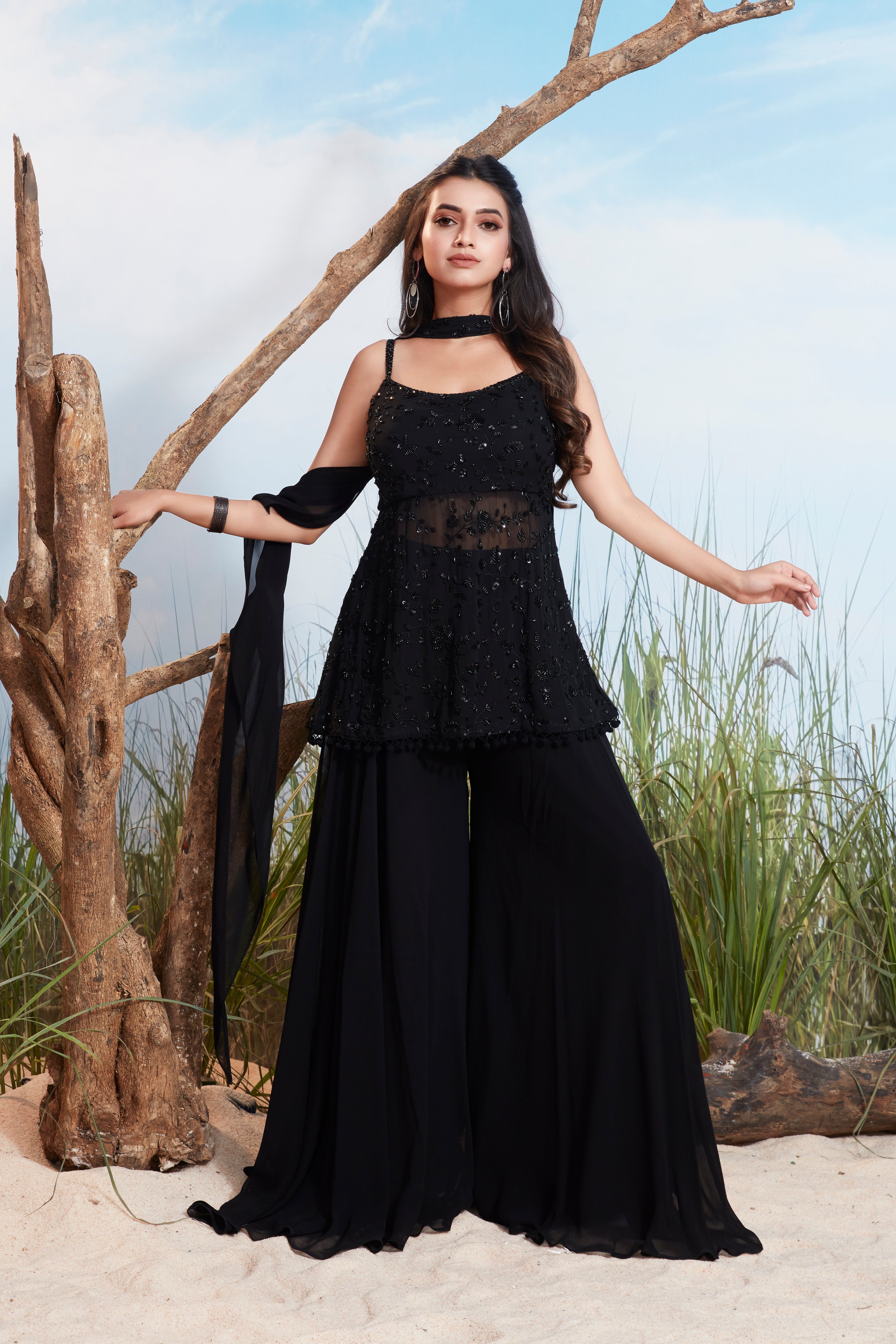 Deep Black Embellished Georgette Silk Palazzo Set