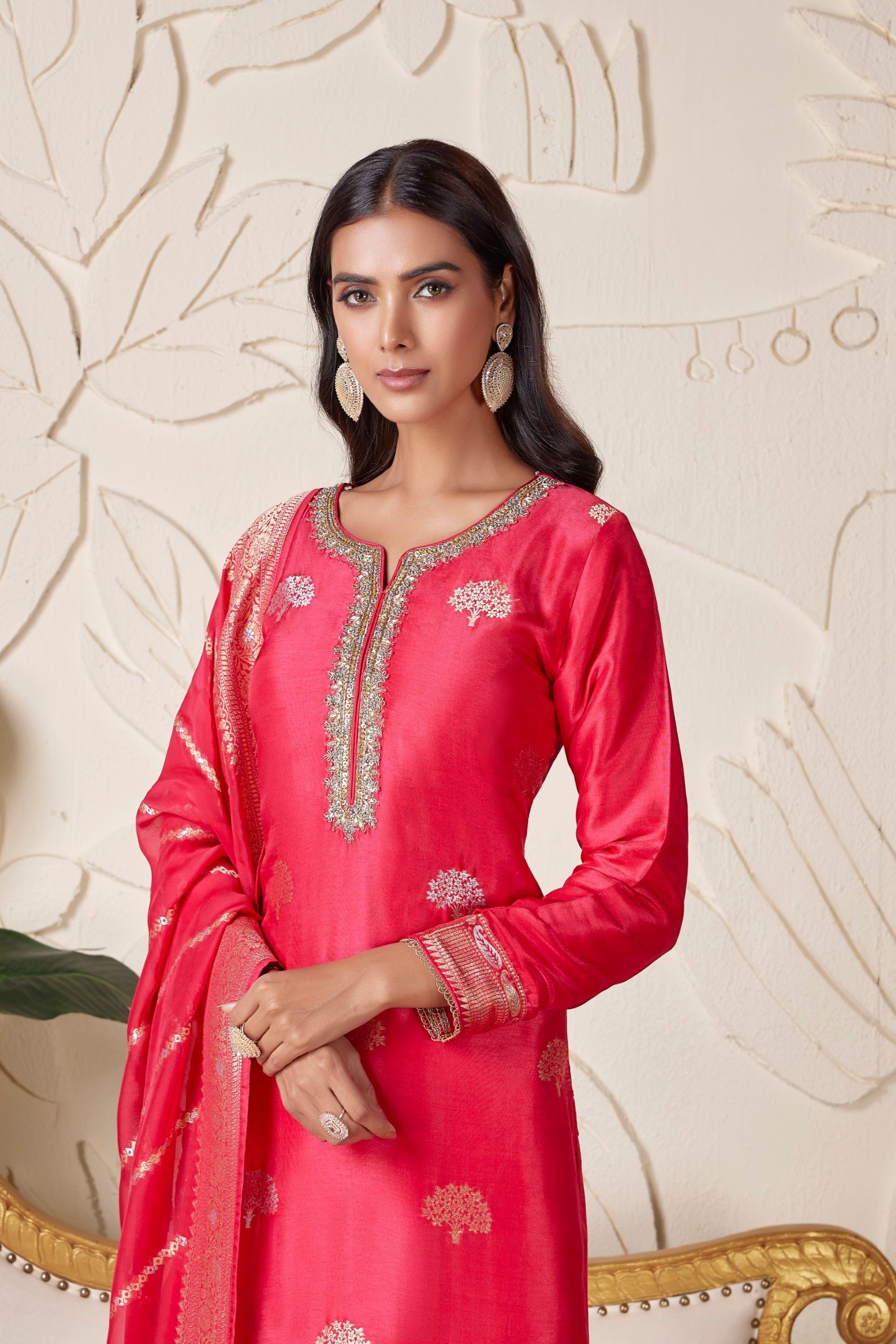 Salmon Pink Embellished Premium Silk Pant Set