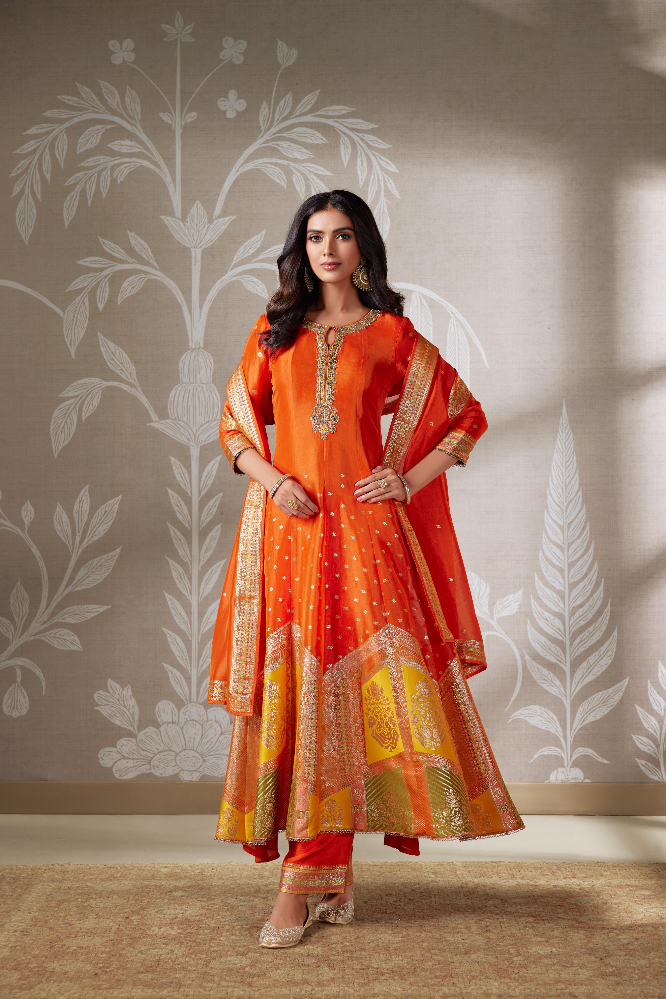 Sunset Radiance Embellished Brocade Anarkali Set