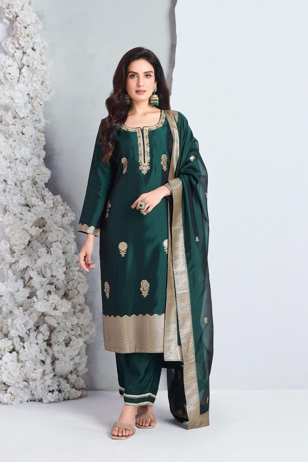 Emerald Green Embellished Viscose Silk Pant Set