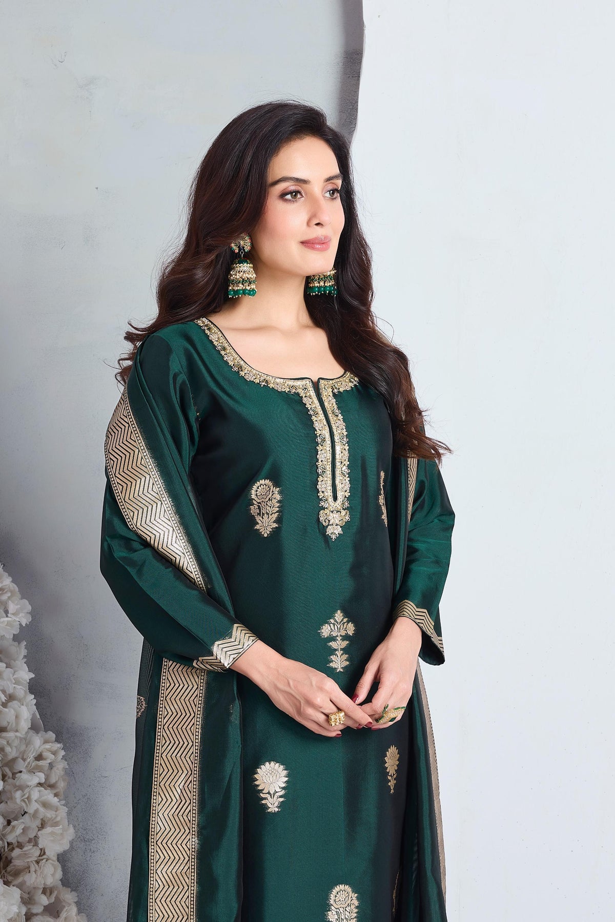 Emerald Green Embellished Viscose Silk Pant Set