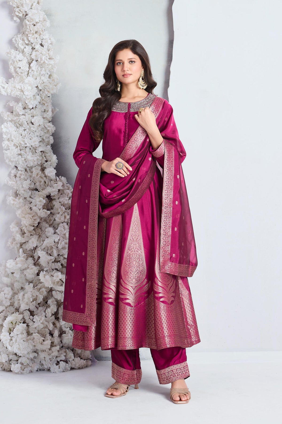 Royal Fuchsia Embellished Viscose Silk Anarkali Set