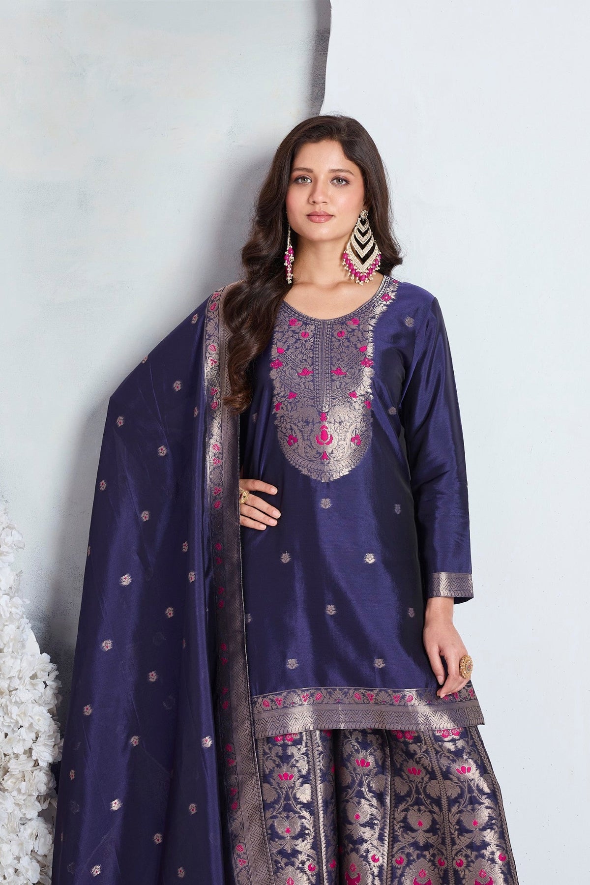 Midnight Blue Embellished Viscose Silk Palazzo Set