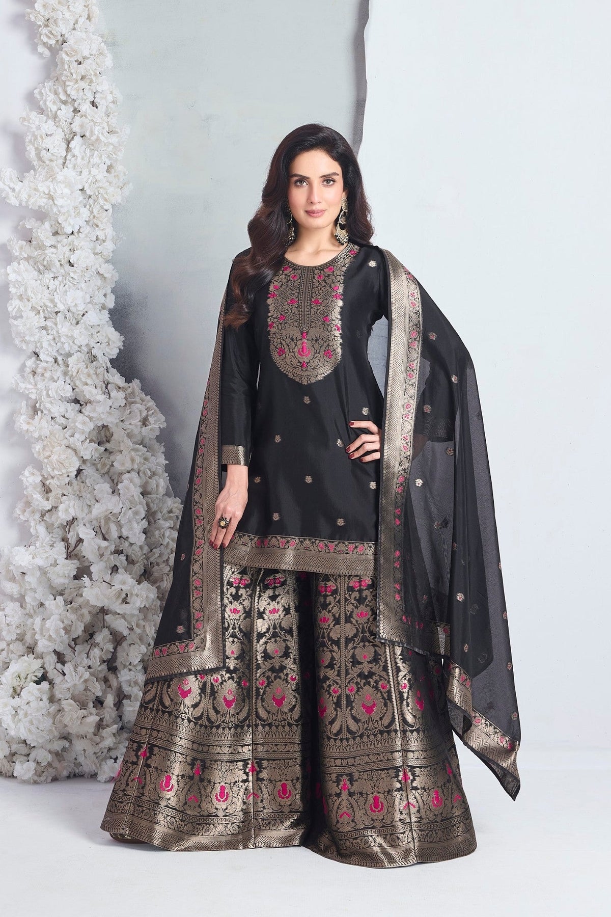 Jet Black Embellished Viscose Silk Palazzo Set