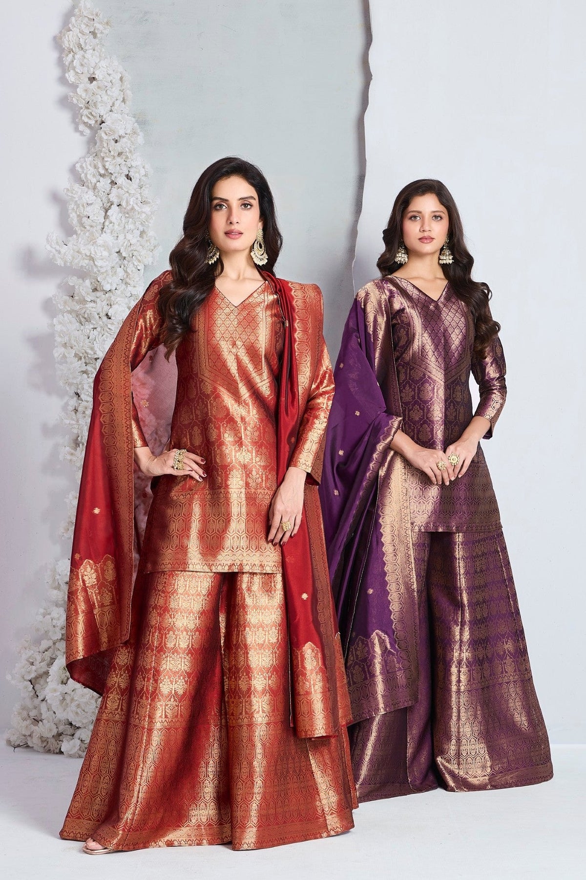 Crimson Red Embellished Viscose Silk Palazzo Set