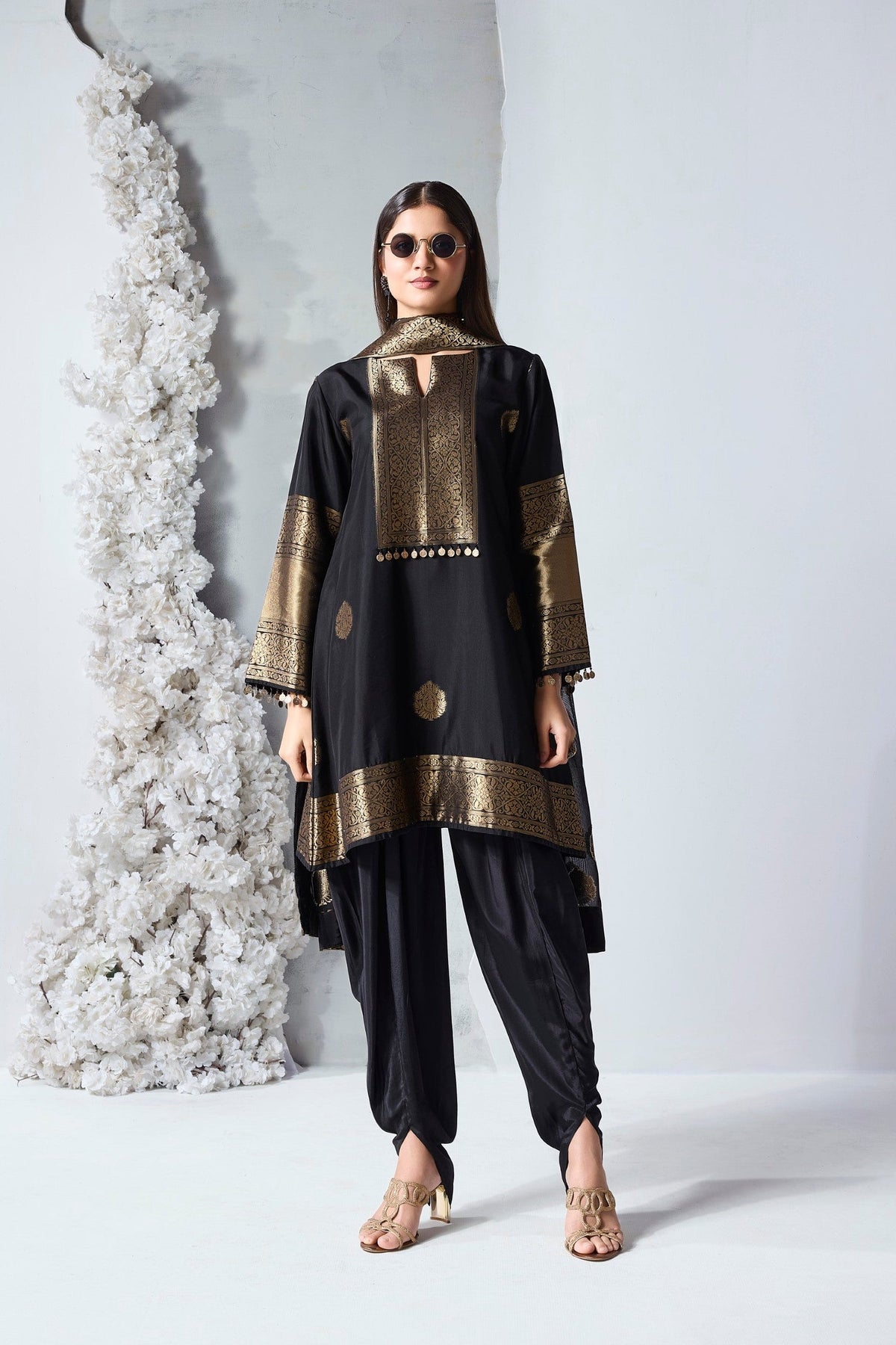 Rich Black Embellished Viscose Silk Dhoti Set