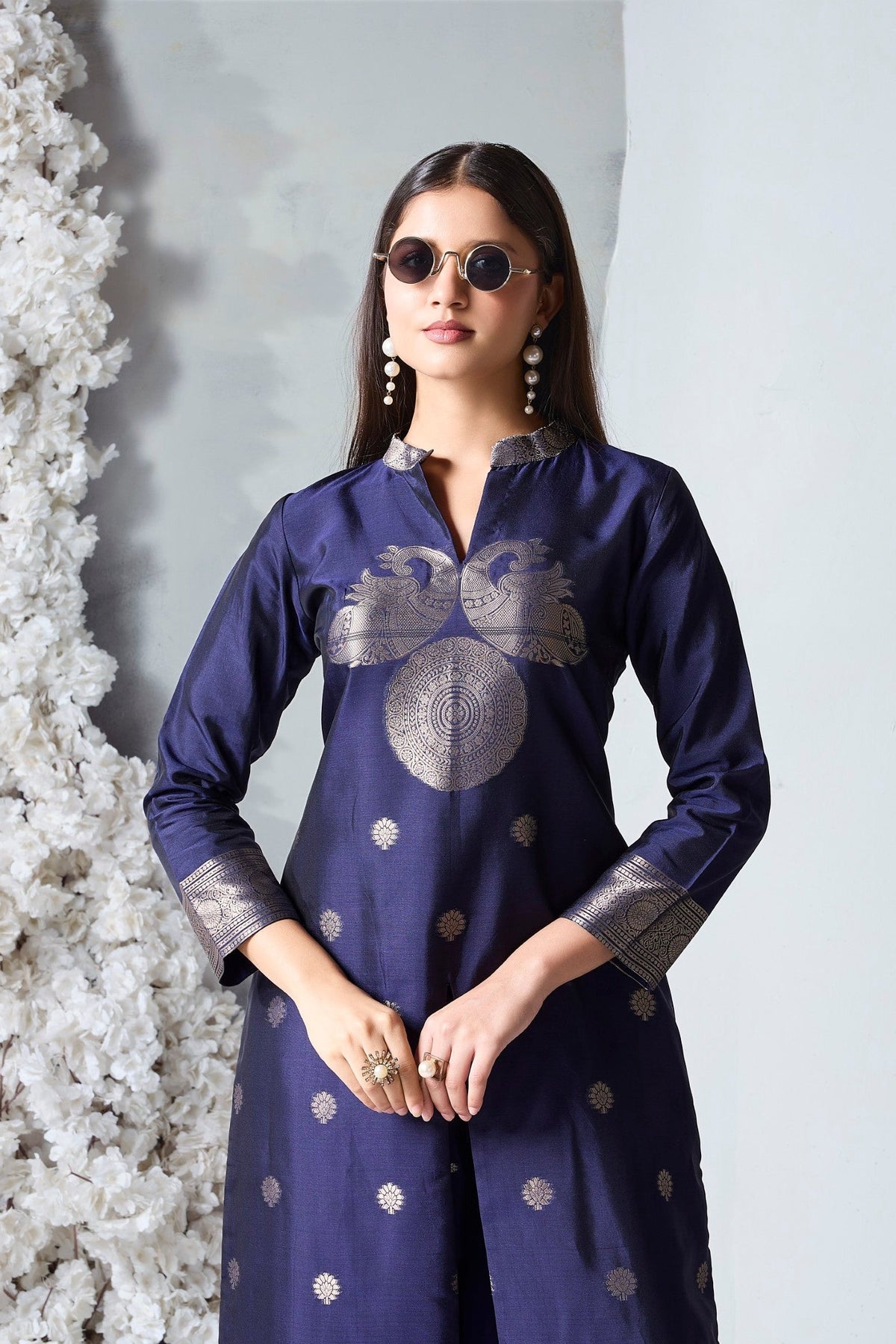 Navy Blue Embellished Viscose Silk Kurta Set