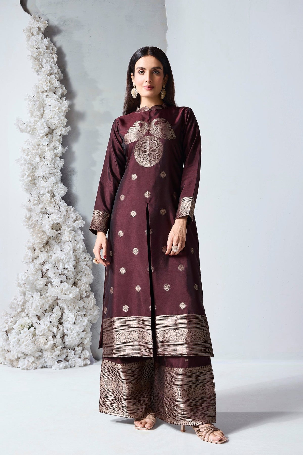 Rich Brown Embellished Viscose Silk Kurta Set