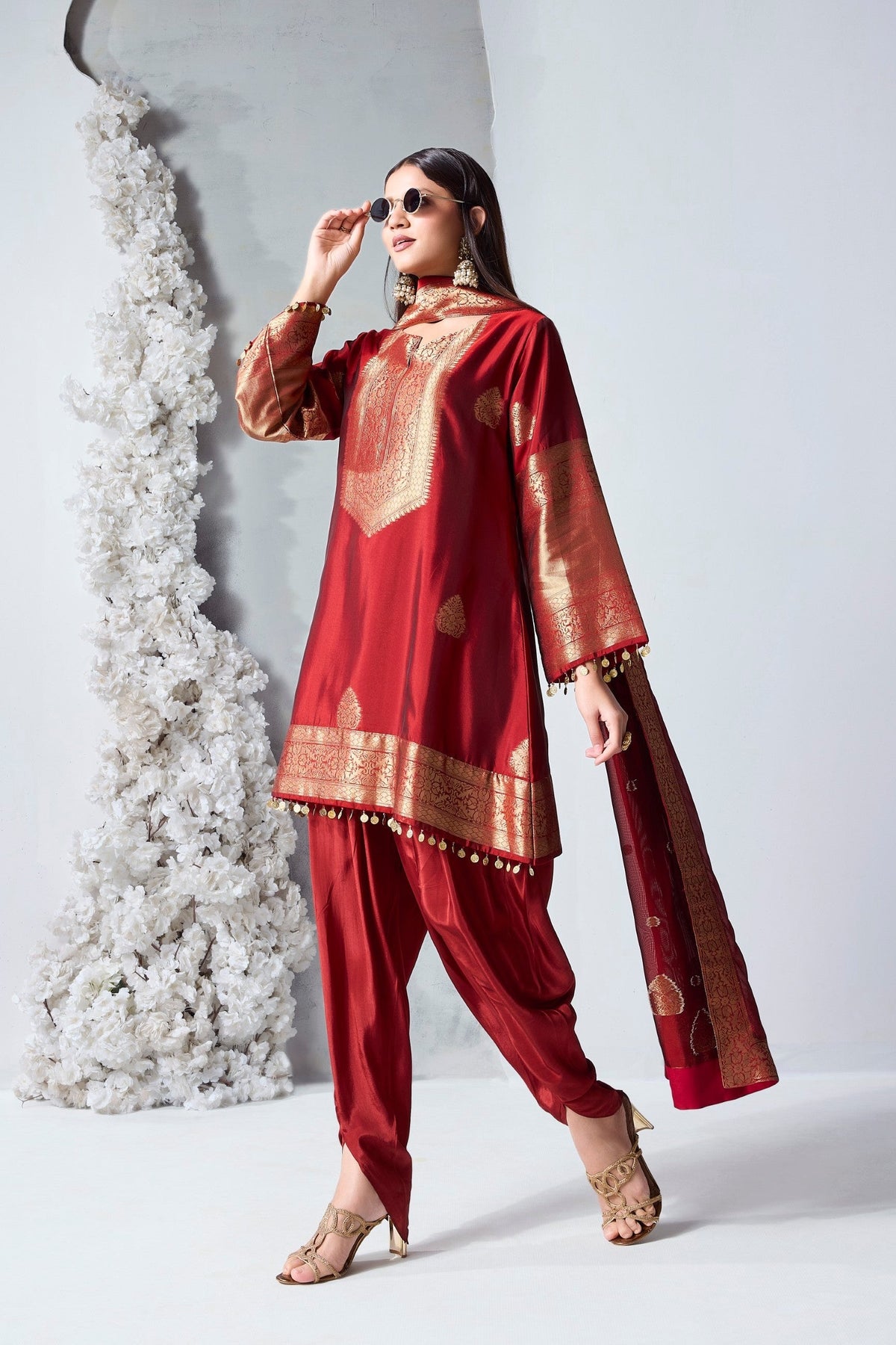 Deep Crimson Embellished Viscose Silk Dhoti Set