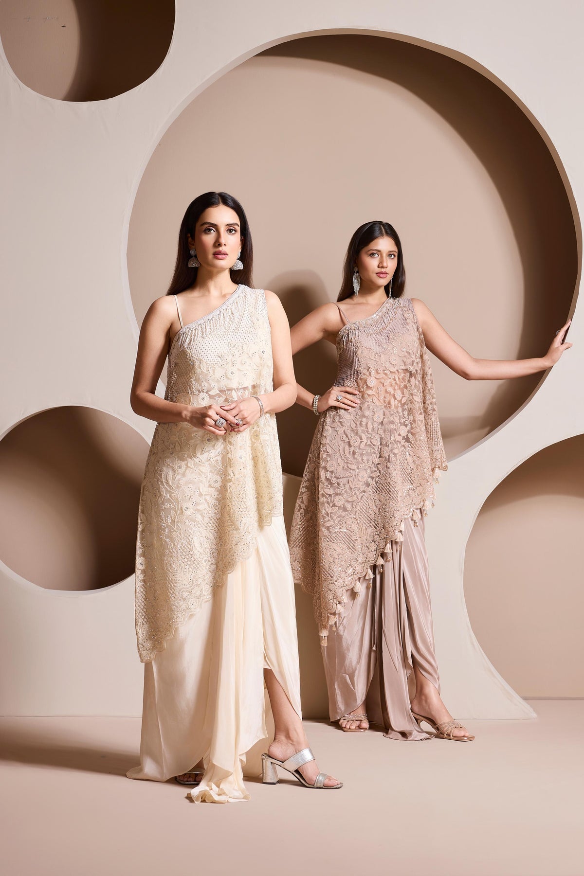 Champagne Blush Embellished Satin Silk Skirt Set
