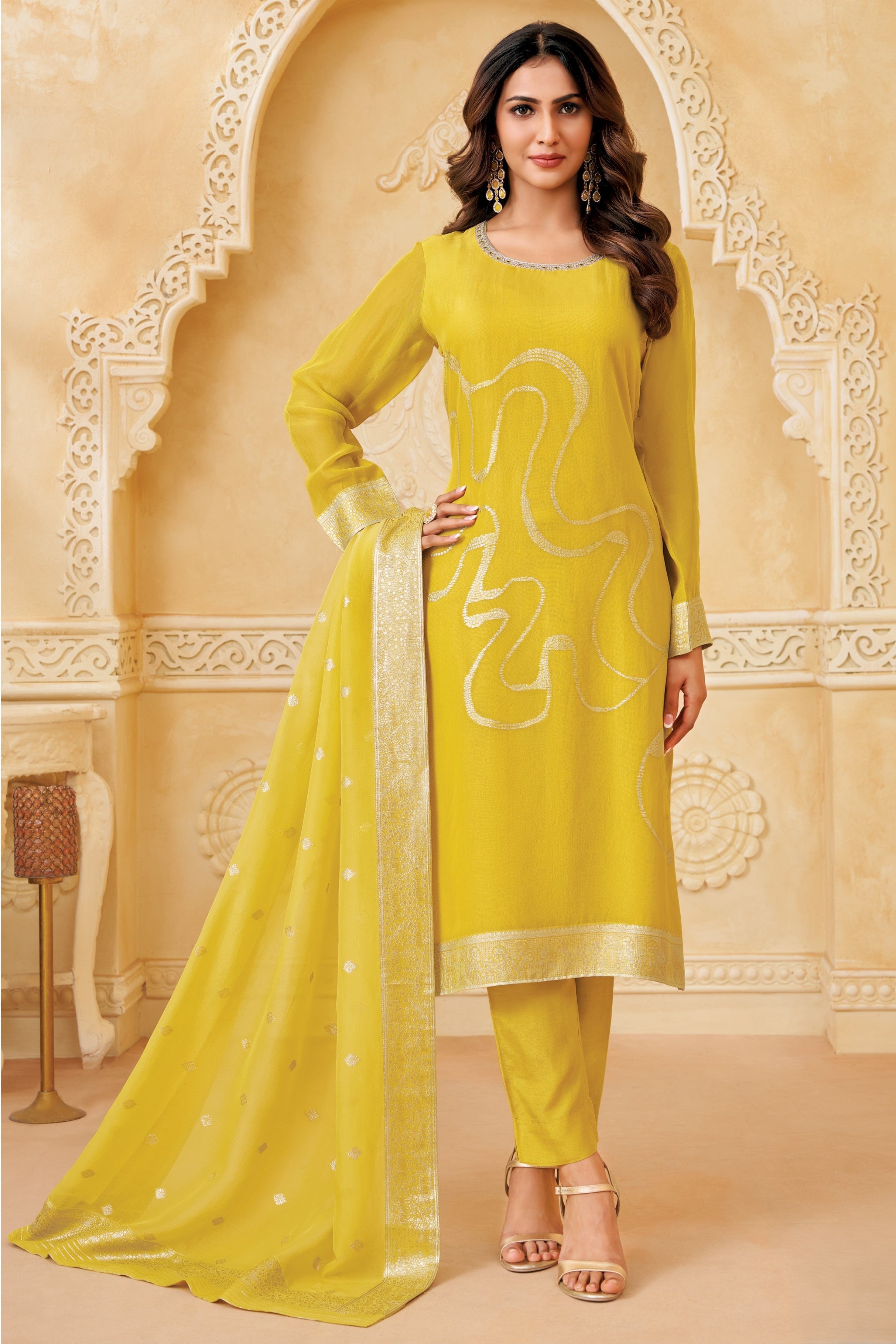 Bright Yellow Embellished Organza Silk Pant Set