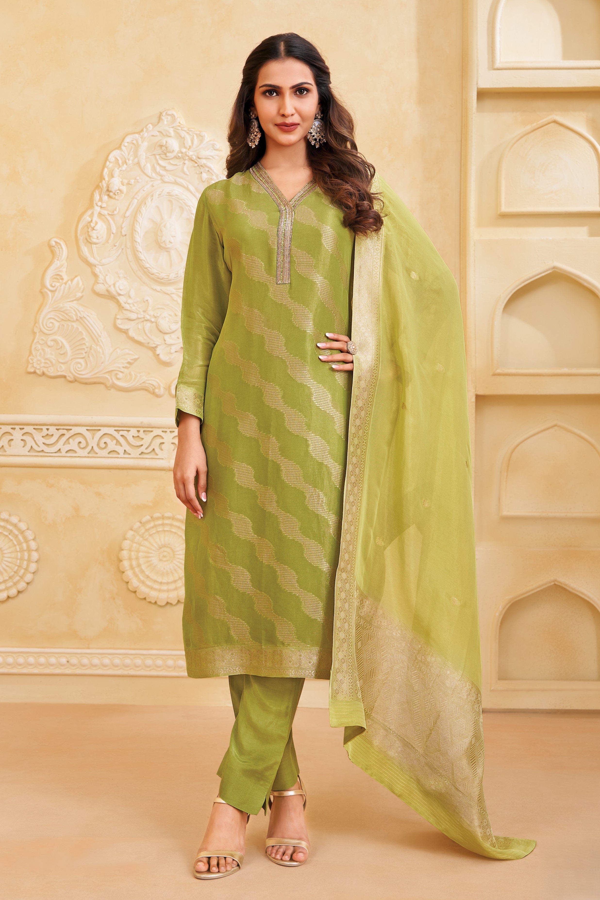 Chartreuse Green Embellished Tissue Georgette Pant Set
