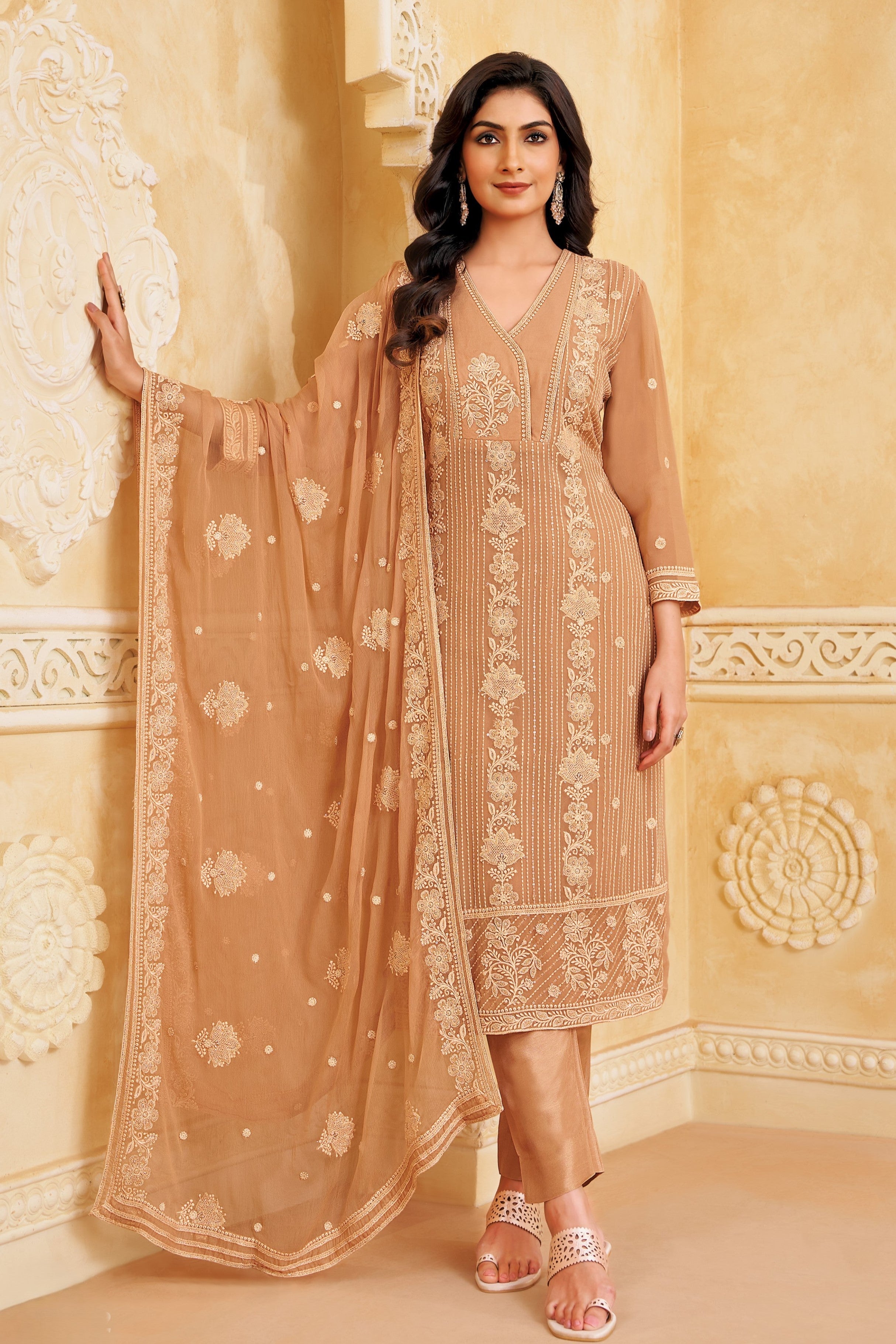 Nude Brown Embellished Georgette Silk Pant Set