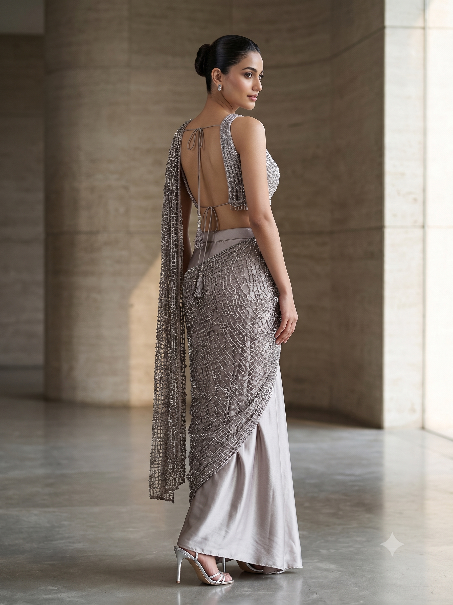 Dusty Taupe Embellished Satin Silk Saree