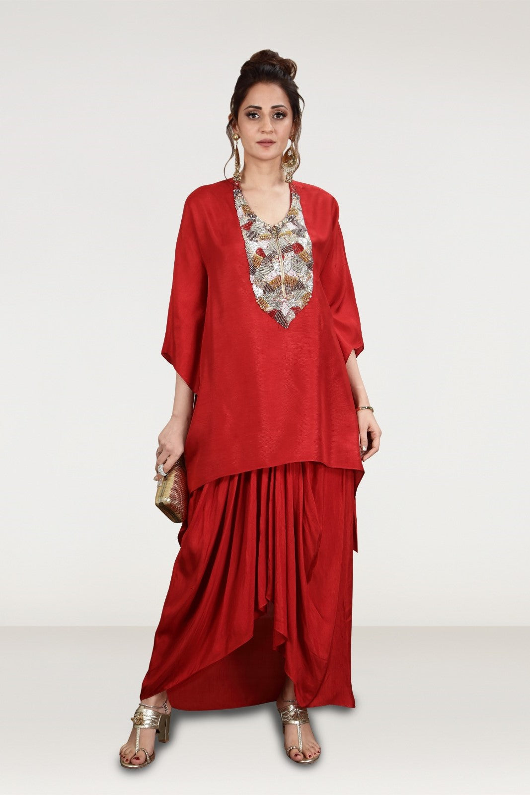 Rustic Red Embellished Premium Silk Draped Skirt Set