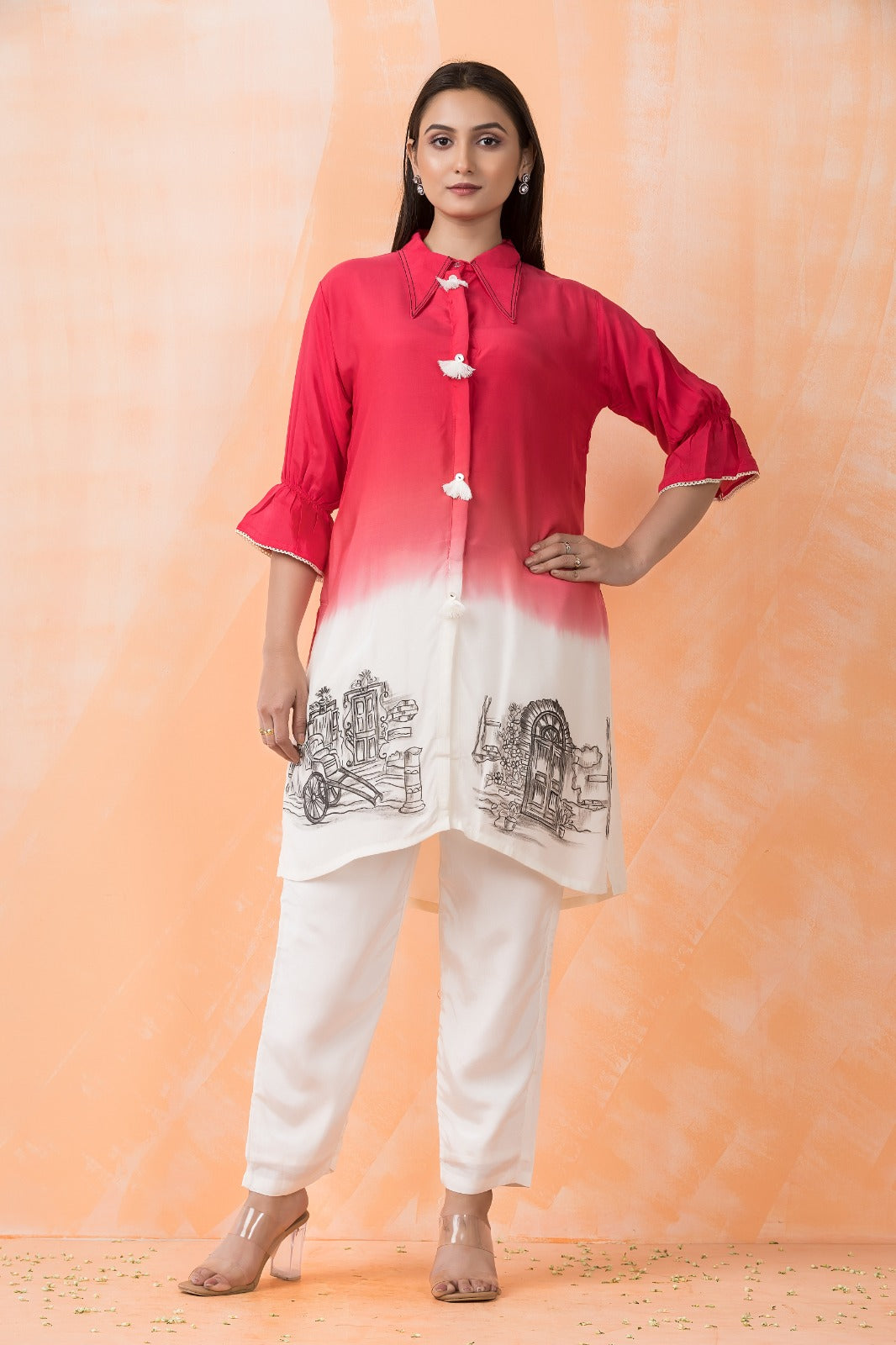 Light Red Printed Muslin silk Co-Ord Set
