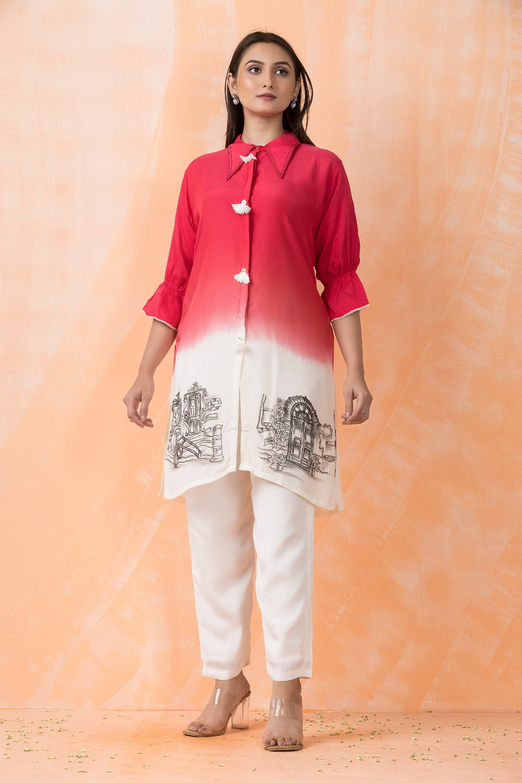 Light Red Printed Muslin silk Co-Ord Set