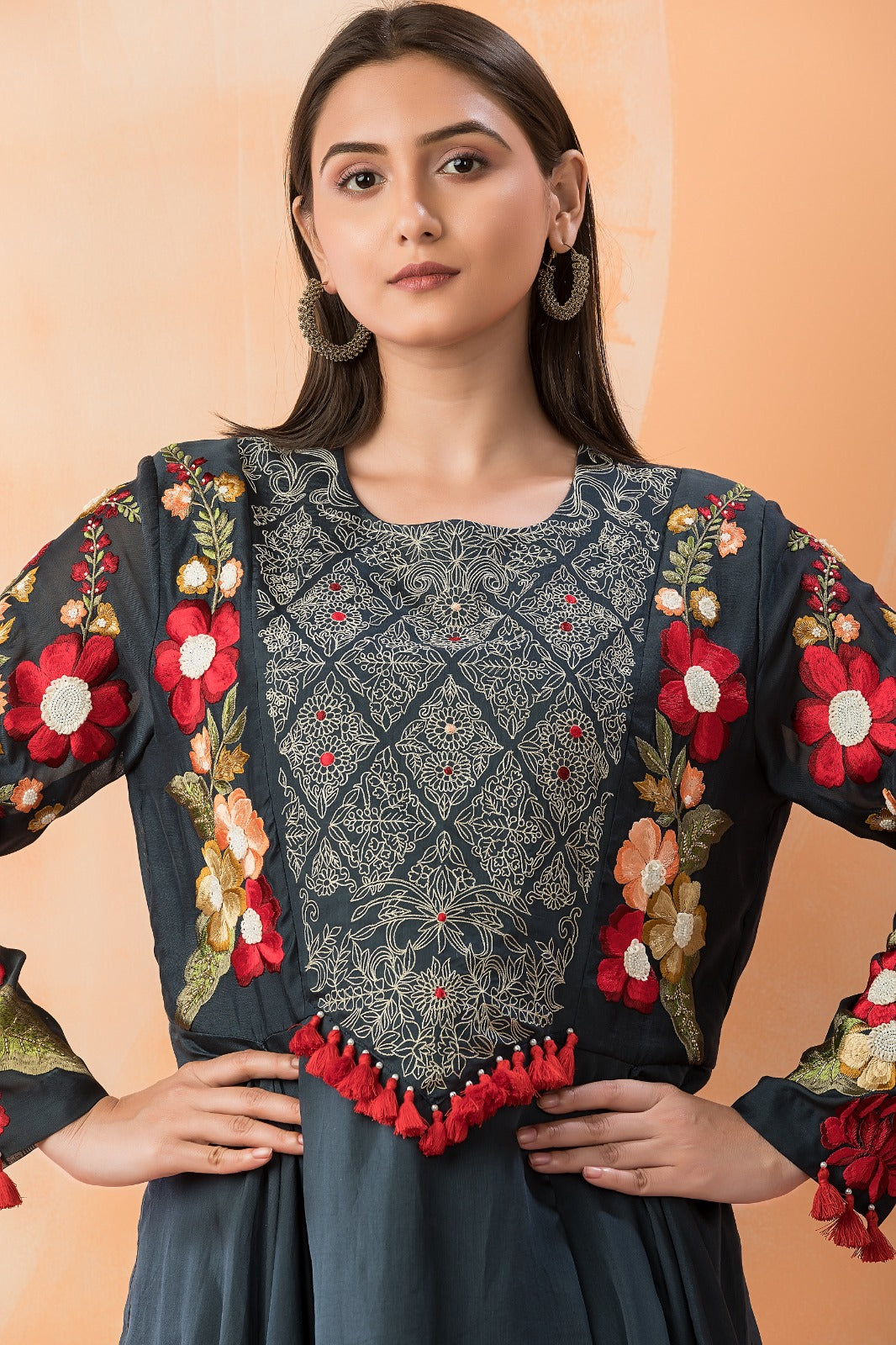 Black Embroidered Pure Silk Gown