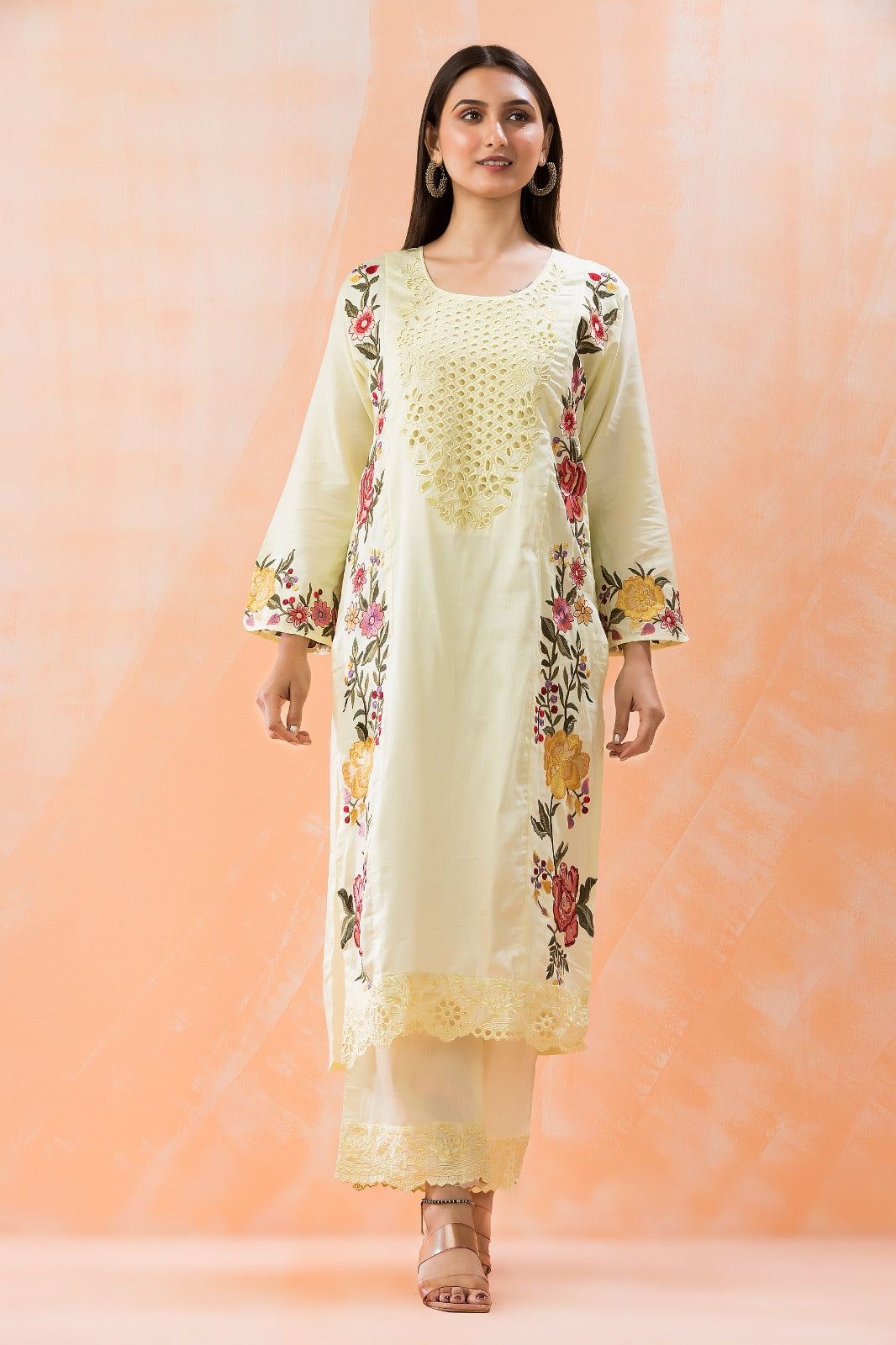 Light Yellow Embroidered Pure Cotton Pant Set