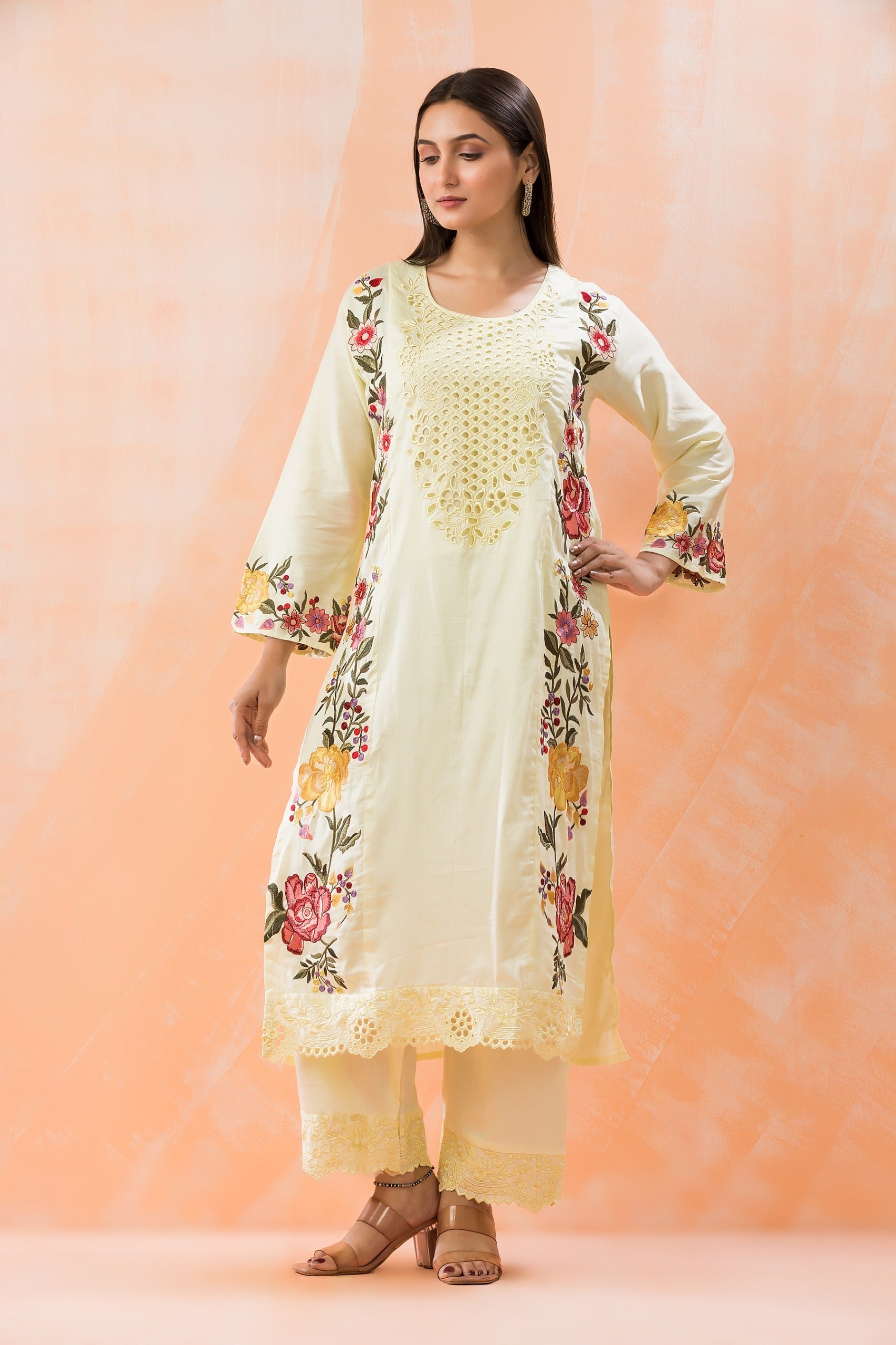 Light Yellow Embroidered Pure Cotton Pant Set