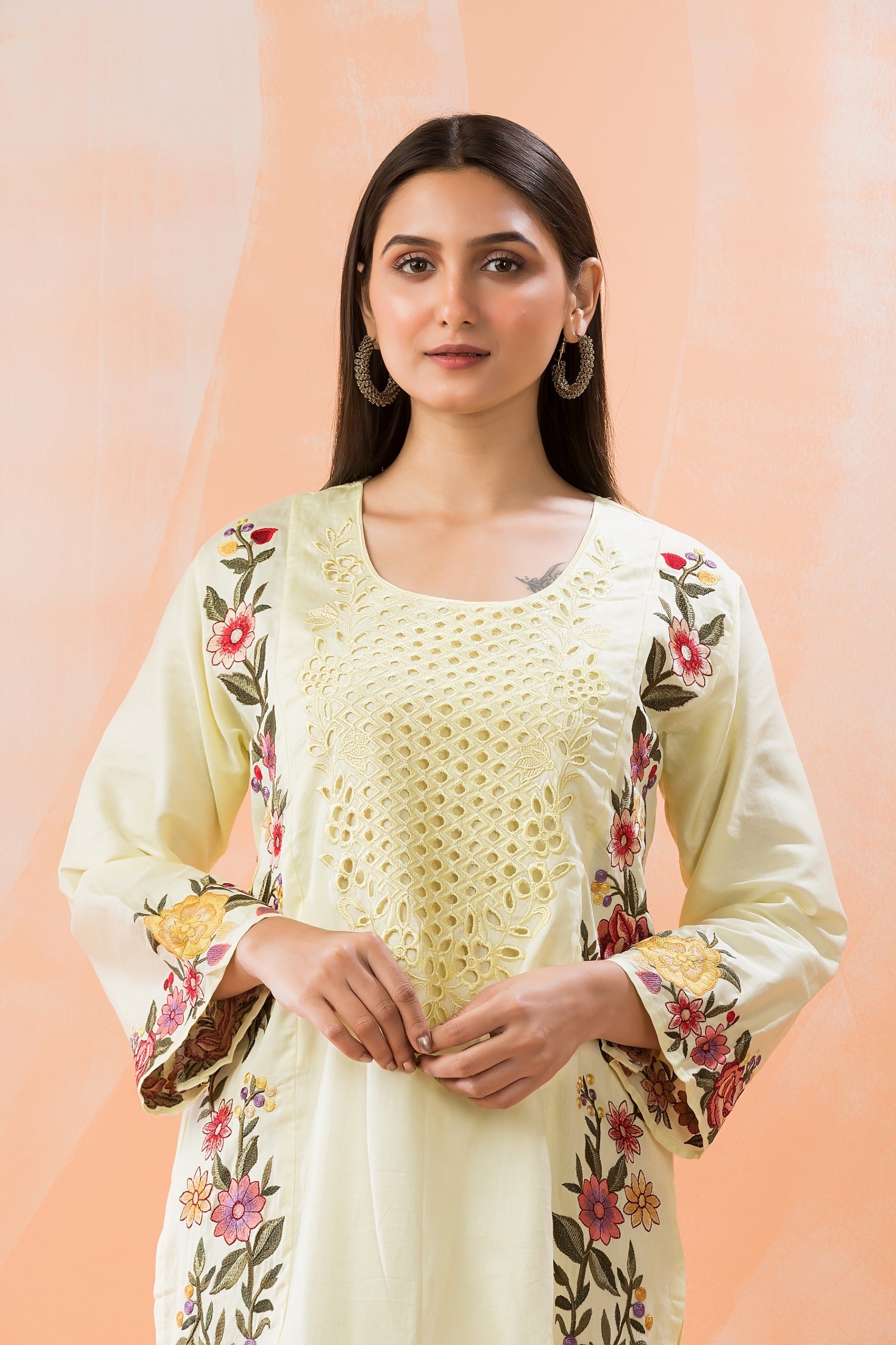 Light Yellow Embroidered Pure Cotton Pant Set