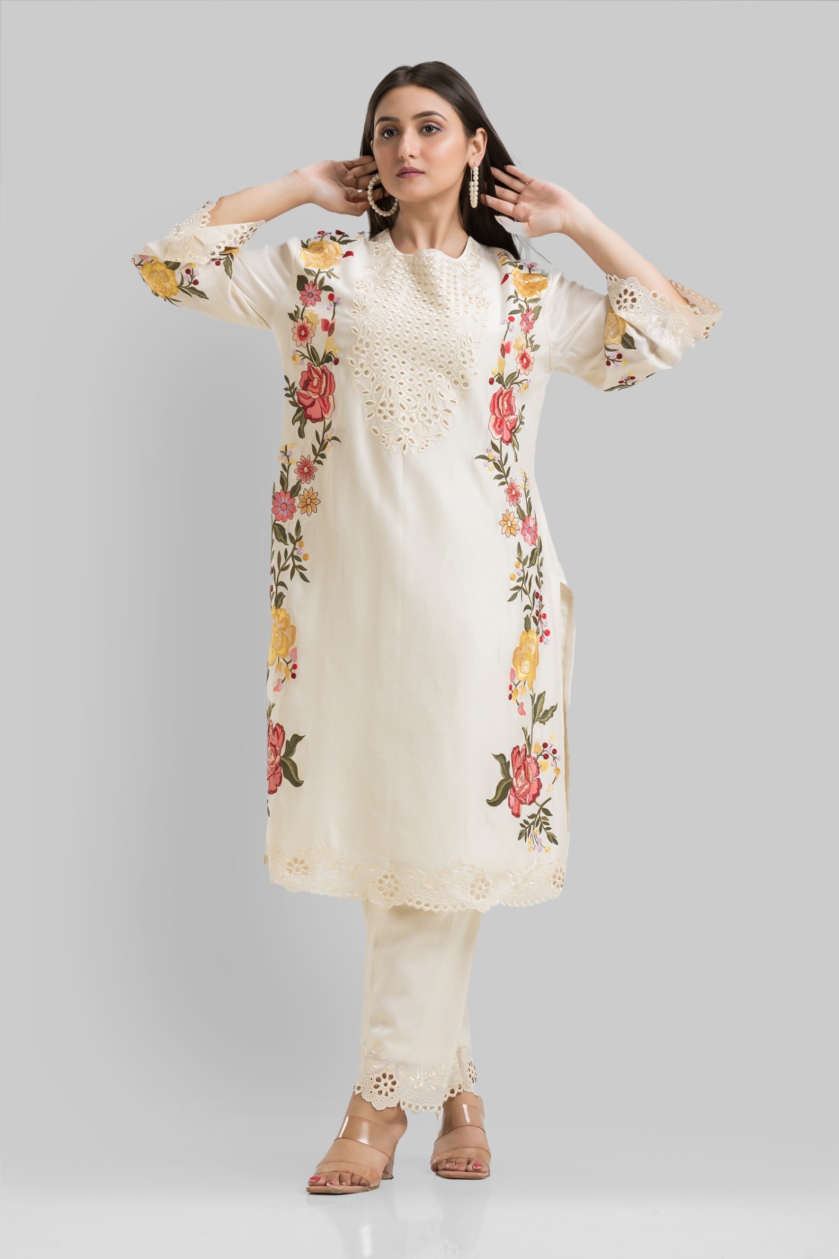 Classic Cream Embroidered Chanderi Silk Pant Set