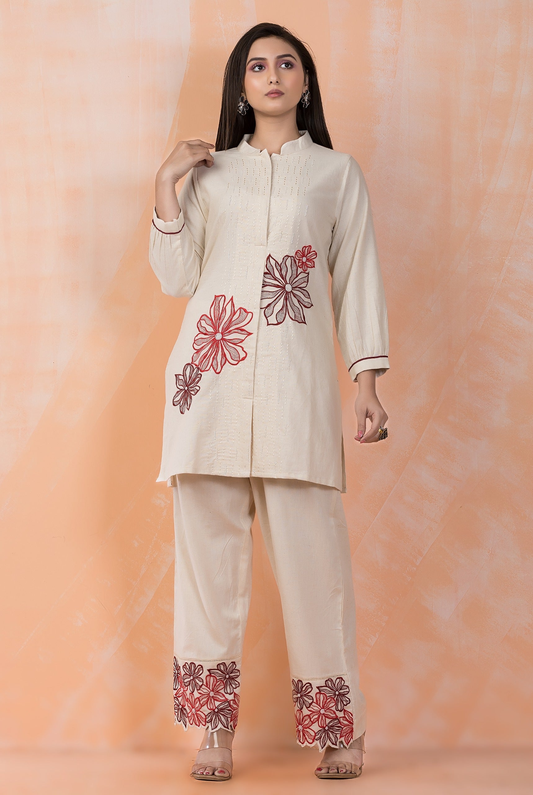 Cream Red Embroidered Pure Cotton Silk Co-Ord Set