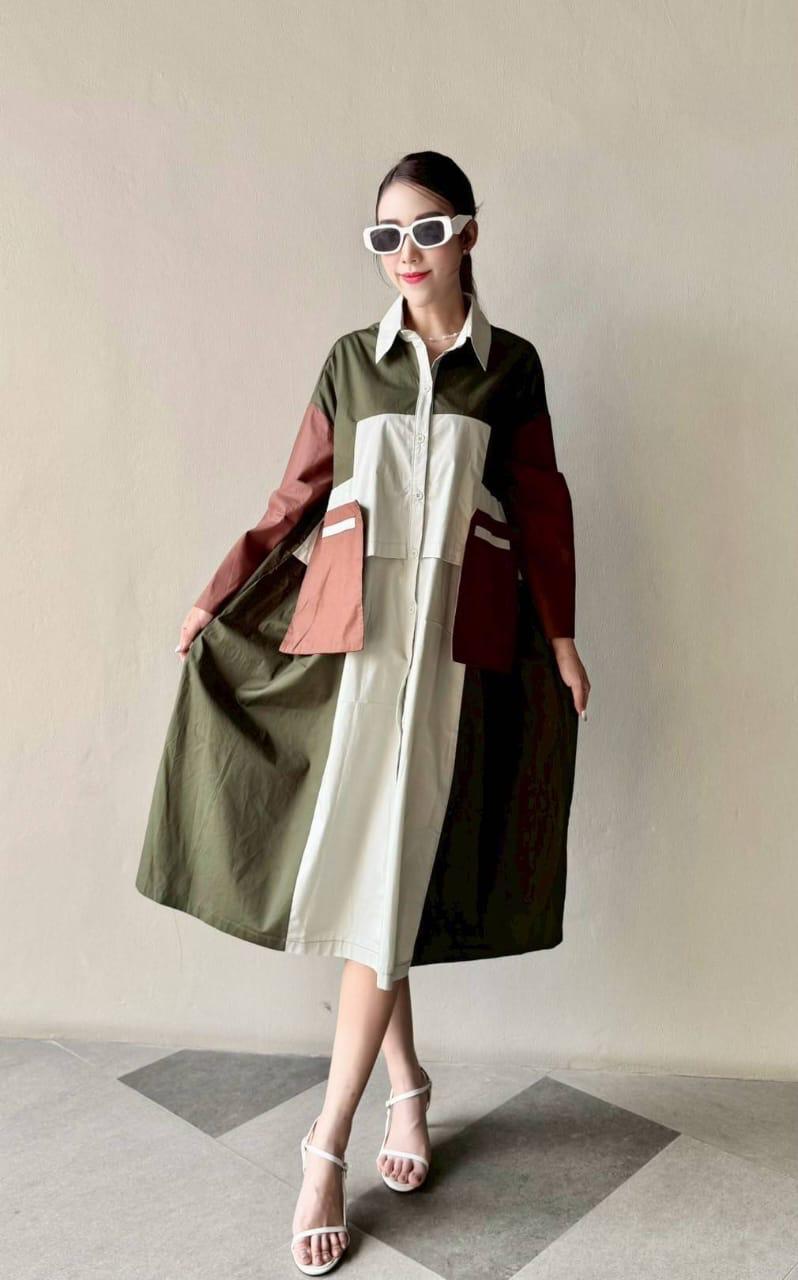 Beige Green Vertical Panel Color Blocking Tunic Dress