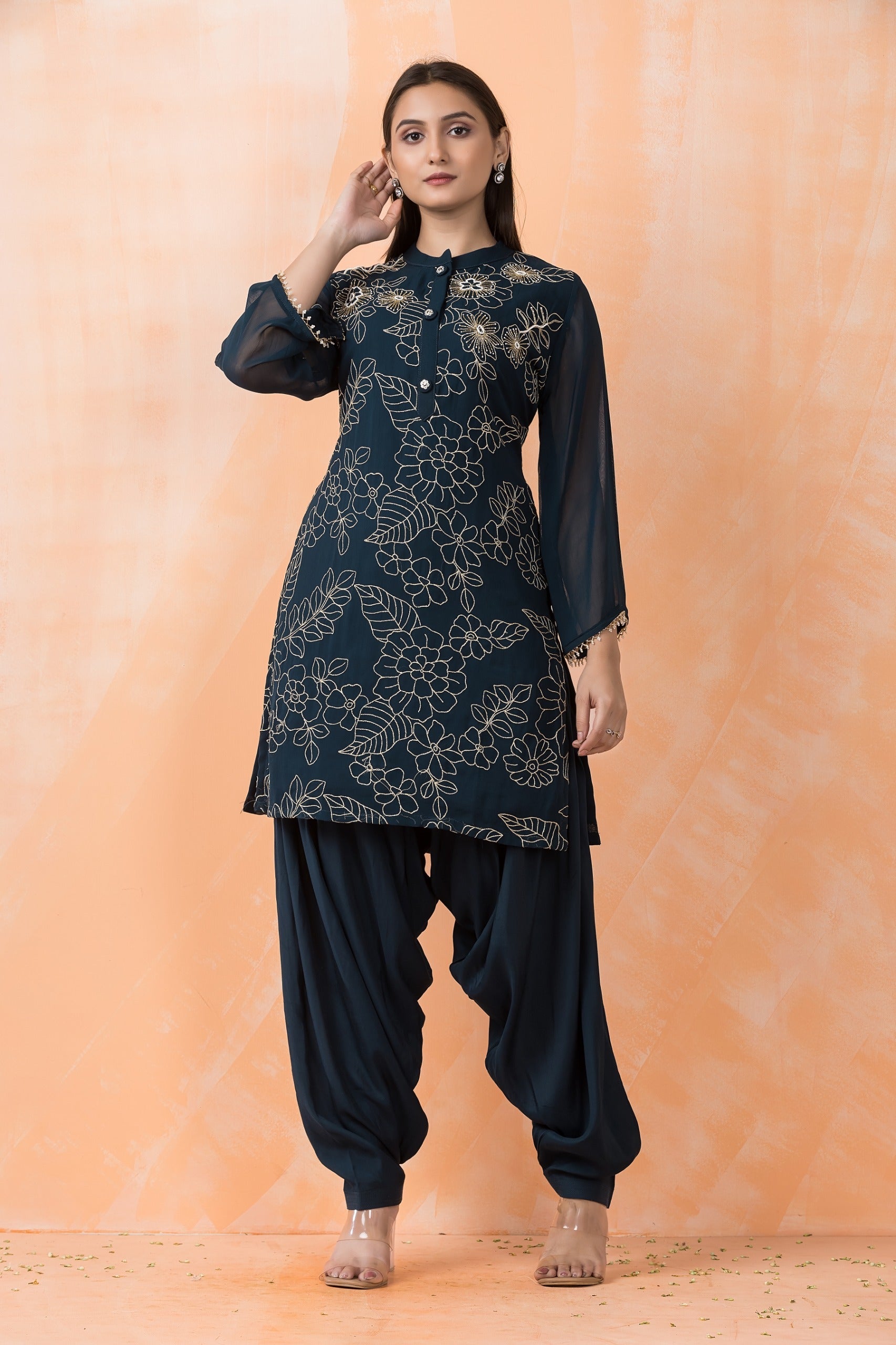Teal Blue Floral Embroidered Kurta Dhoti Set