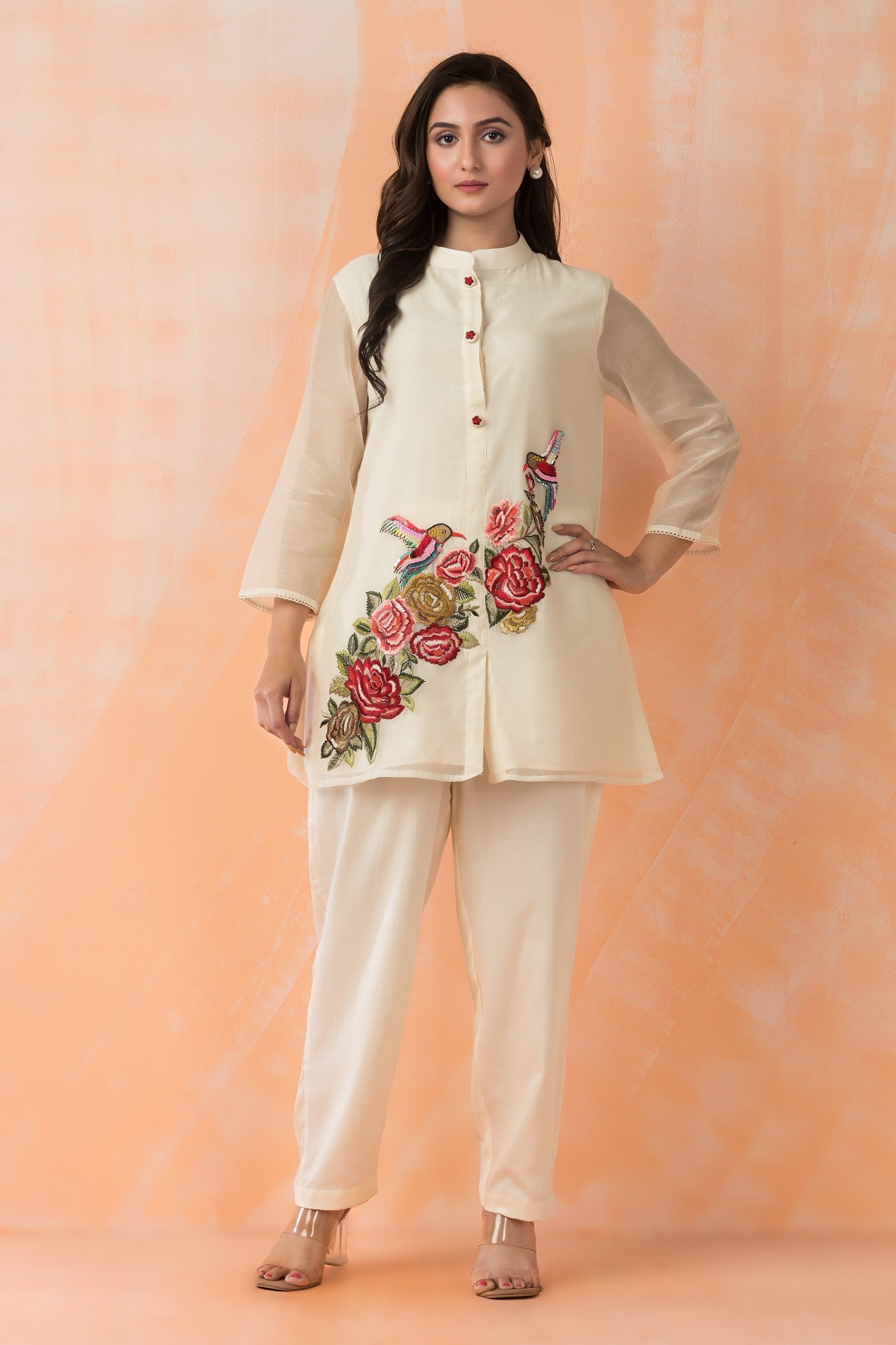 Pastel Cream Birds & Roses Handwork Co-Ord Set