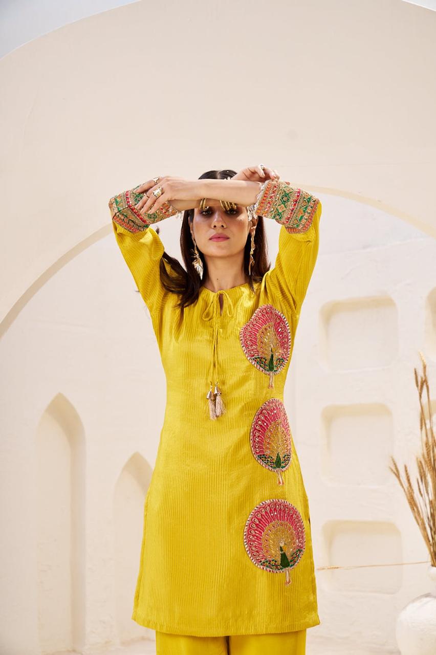 Bright Yellow Jacquard Tissue Silk Co-Ord Set