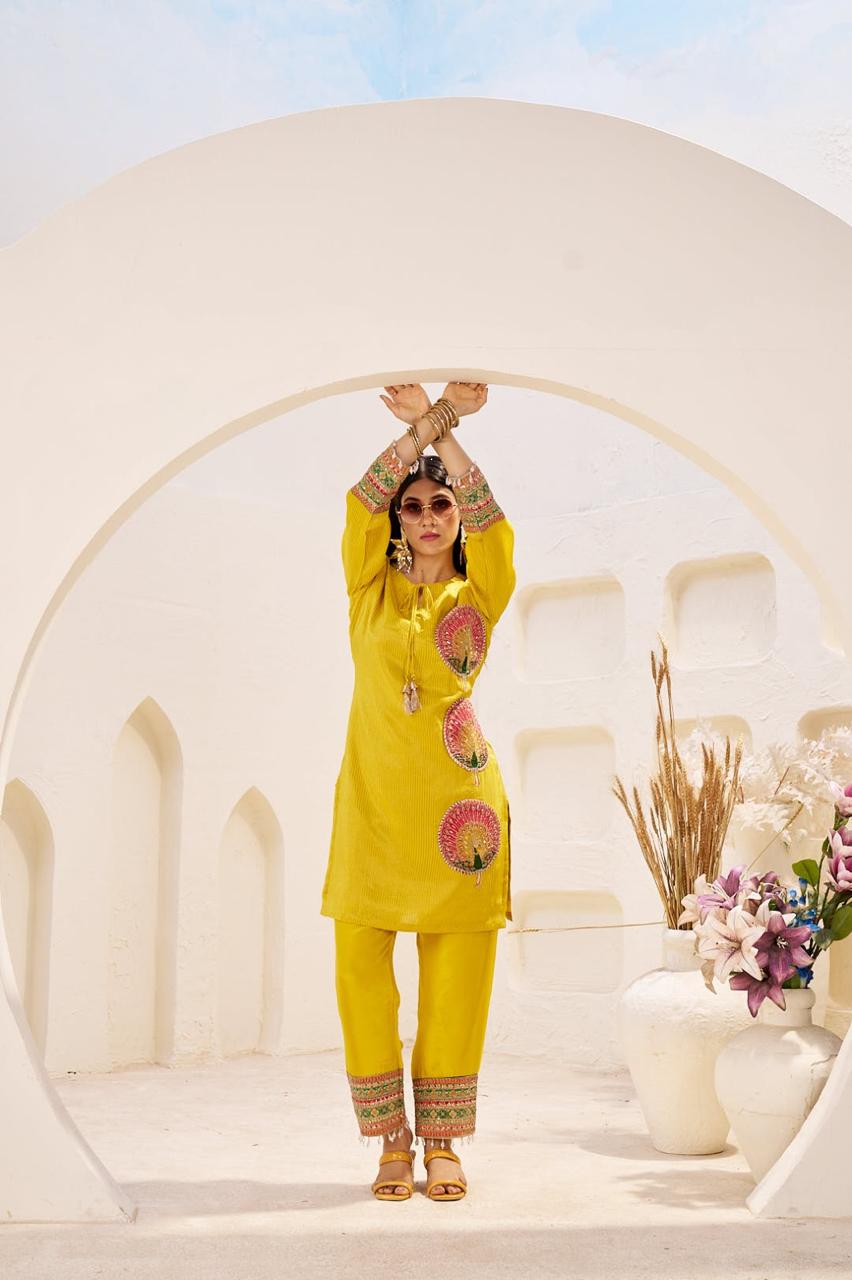 Bright Yellow Jacquard Tissue Silk Co-Ord Set
