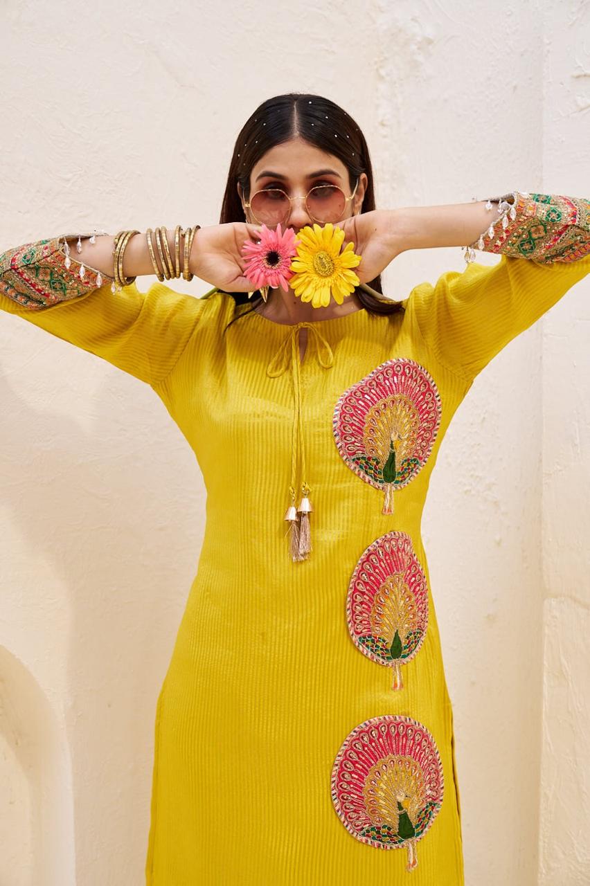 Bright Yellow Jacquard Tissue Silk Co-Ord Set