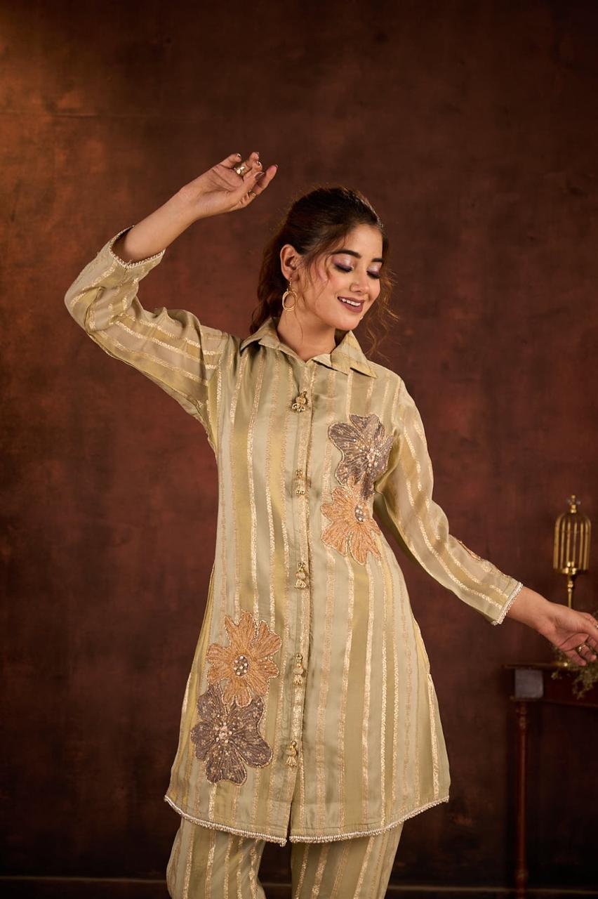 Vintage Gold Embellished Tissue Jacquard Co-Ord Set