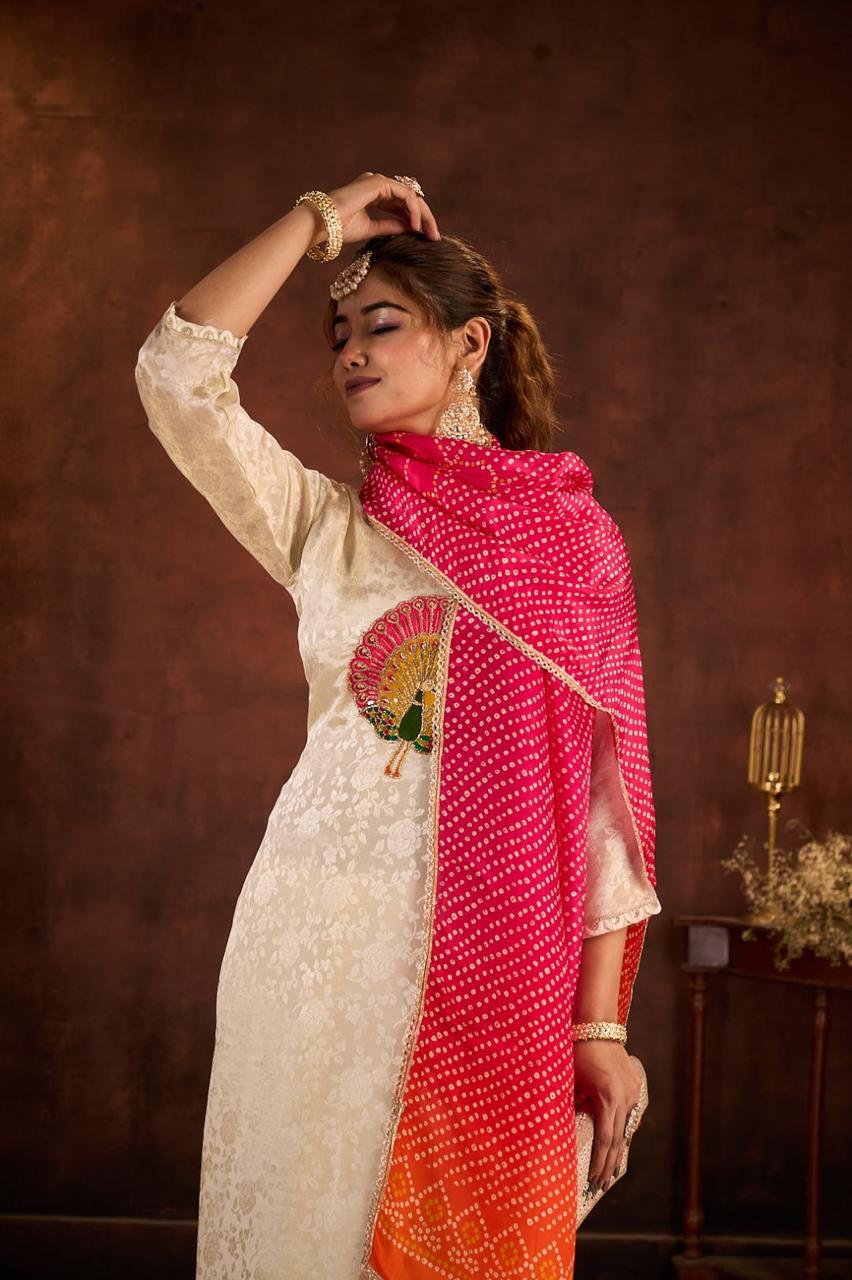Cream Embellished Tissue Jacquard Silk Pant Set