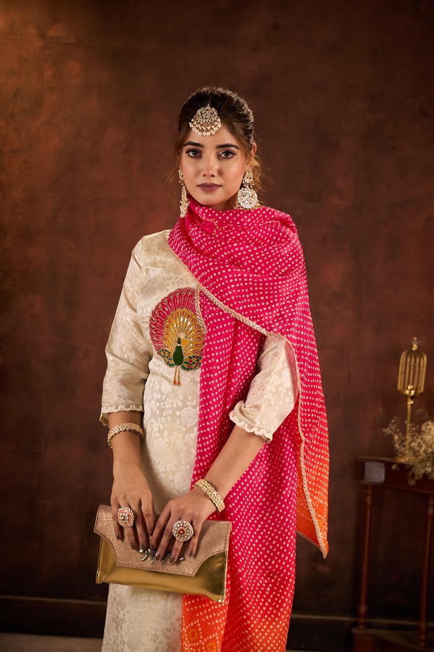 Cream Embellished Tissue Jacquard Silk Pant Set